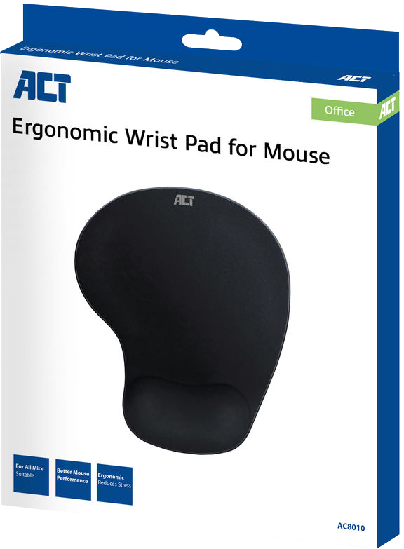 Egy fekete ergonomikus csuklótámasz egérhez, egy ACT márkájú dobozban.