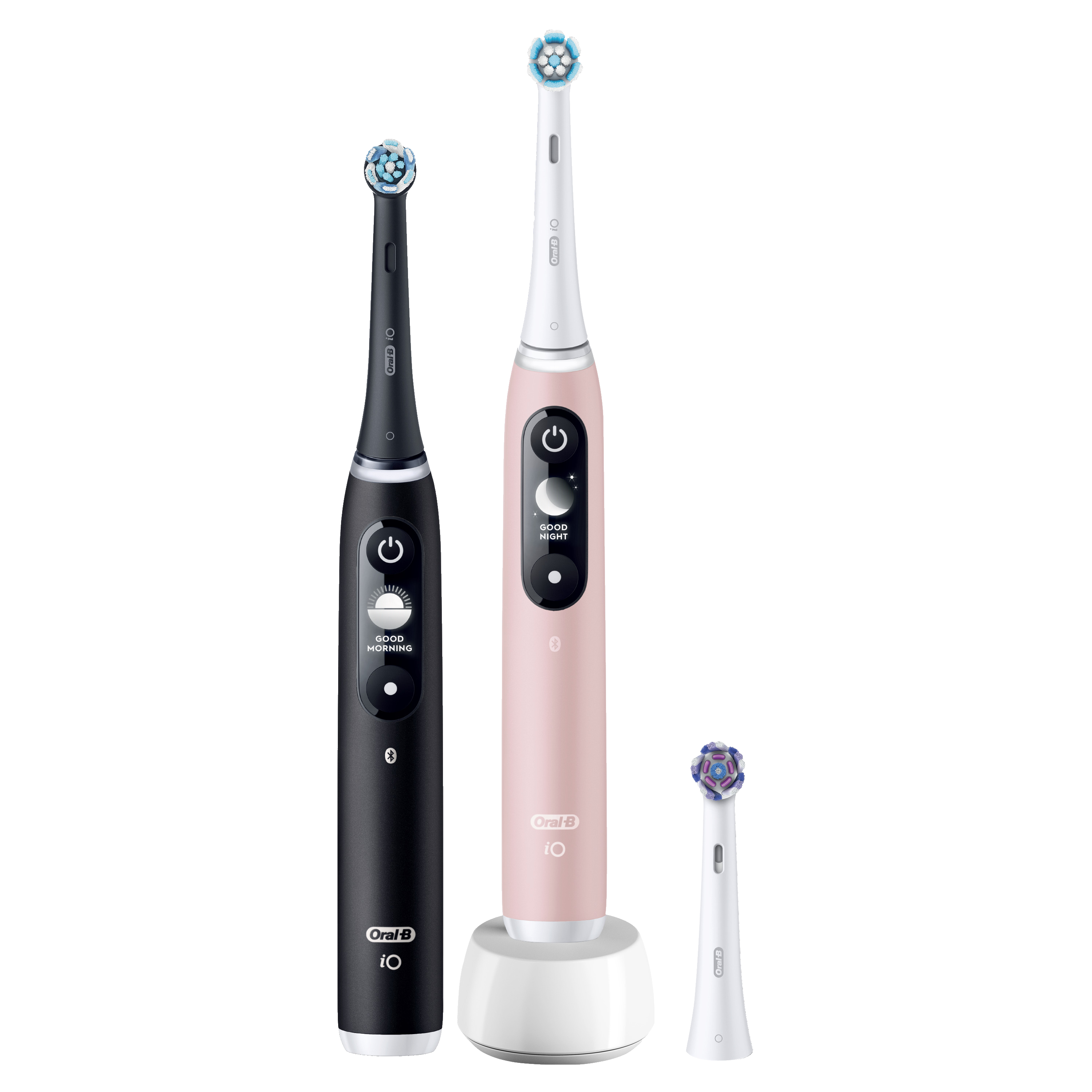 Dos cepillos de dientes eléctricos negro y rosa con un cargador blanco y un cabezal adicional.