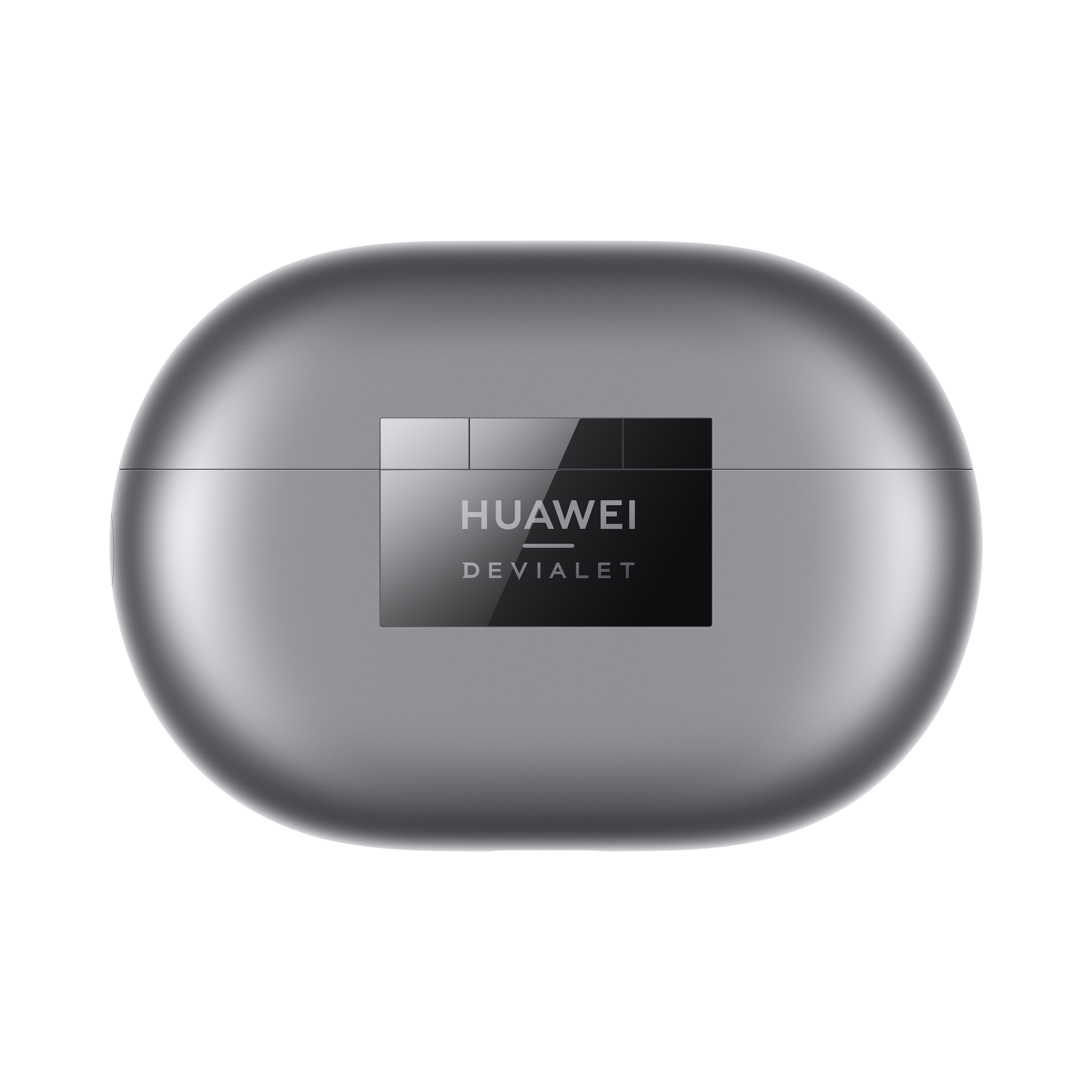 Un estuche ovalado plateado con el texto HUAWEI DEVIALET.