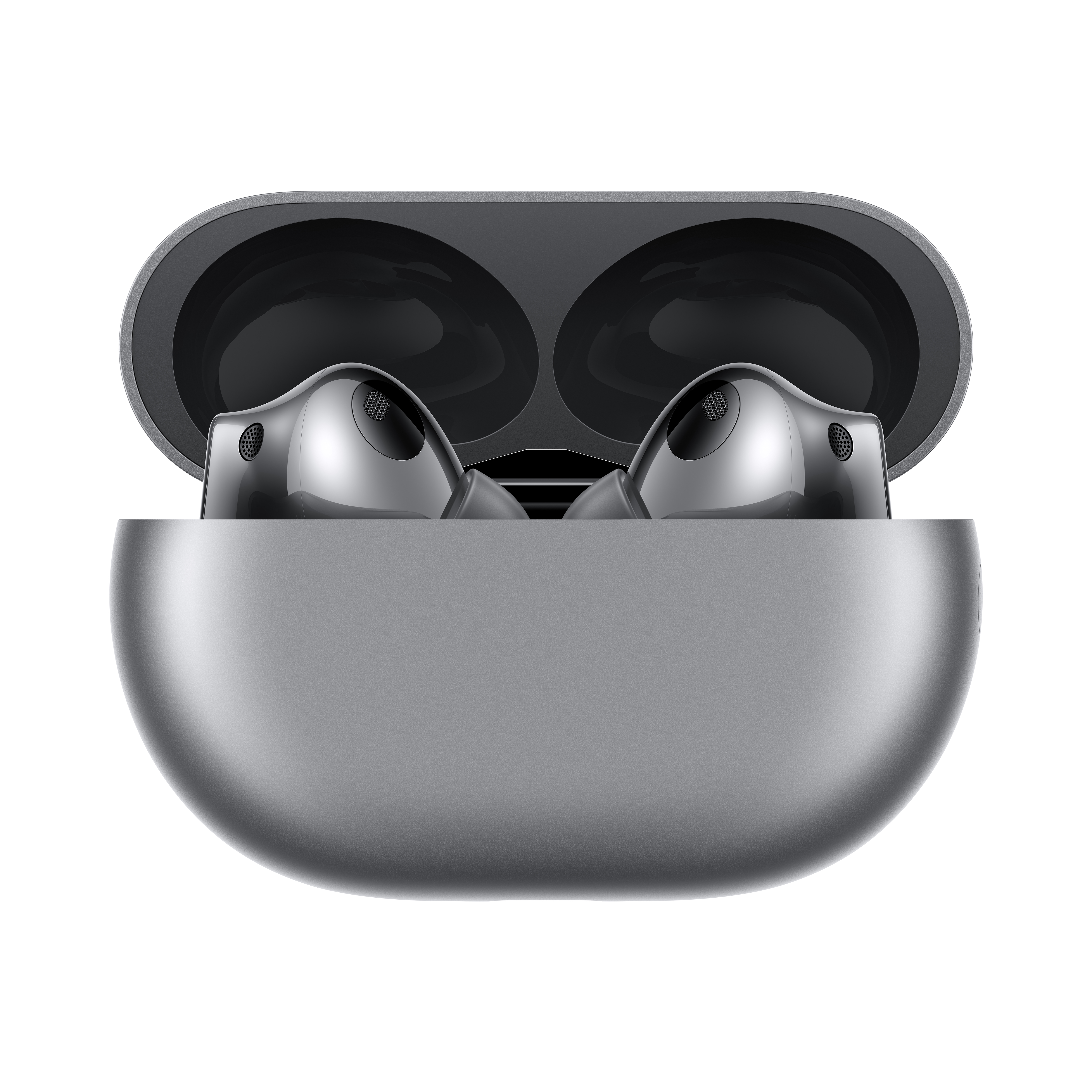 Un estuche de carga plateado con dos auriculares plateados dentro. El estuche está abierto, revelando los auriculares.