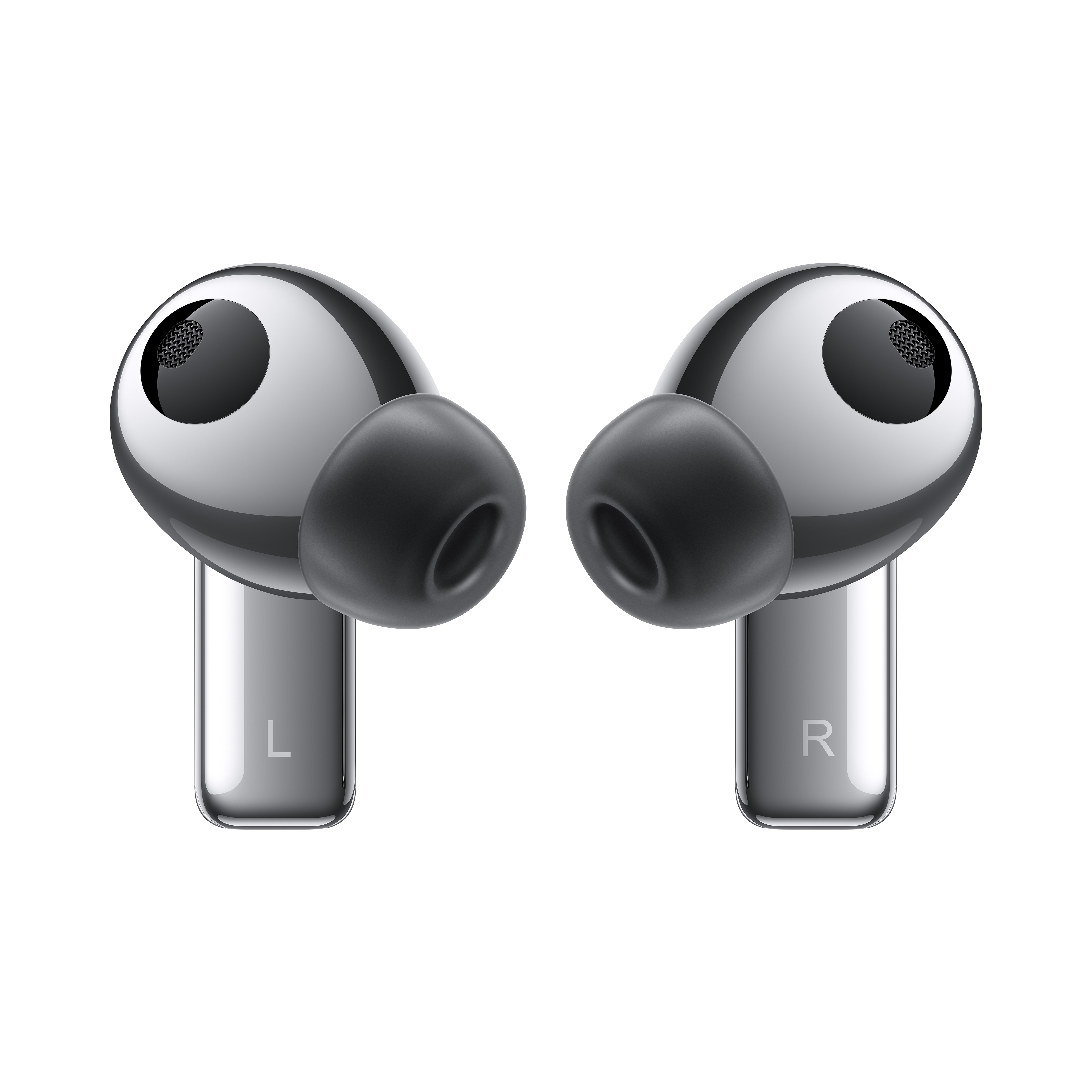 Dos auriculares plateados. El izquierdo está etiquetado L, y el derecho R.