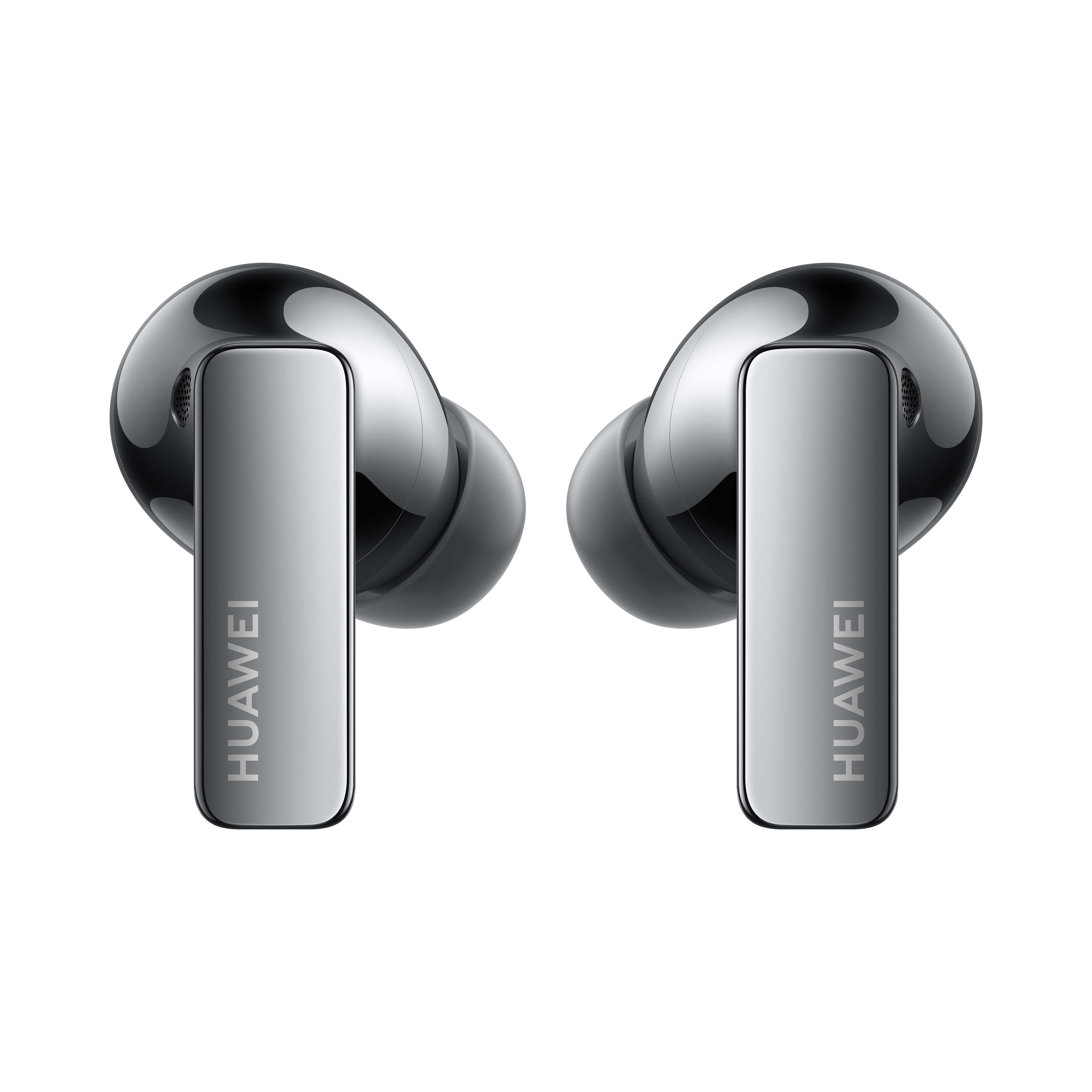 Dos auriculares Huawei plateados. Tienen un acabado metálico brillante y un tallo con la marca.