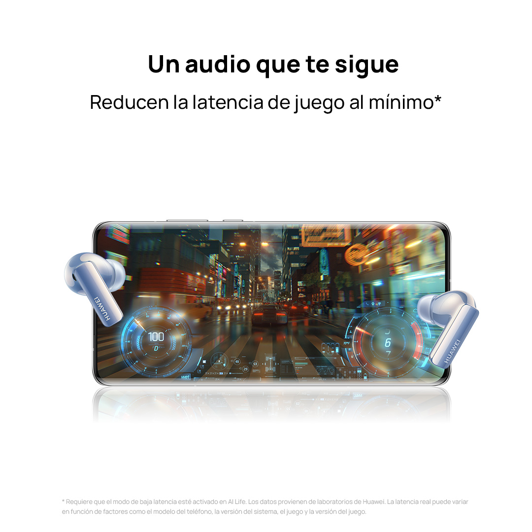 Un teléfono muestra una pantalla de juego con auriculares al lado. Texto: 'Un audio que te sigue'.