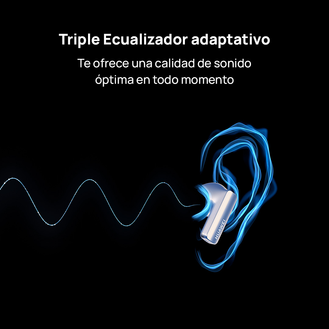 Auriculares con aura de energía azul y el logo de Huawei. El texto dice 'Triple Ecualizador adaptativo'.