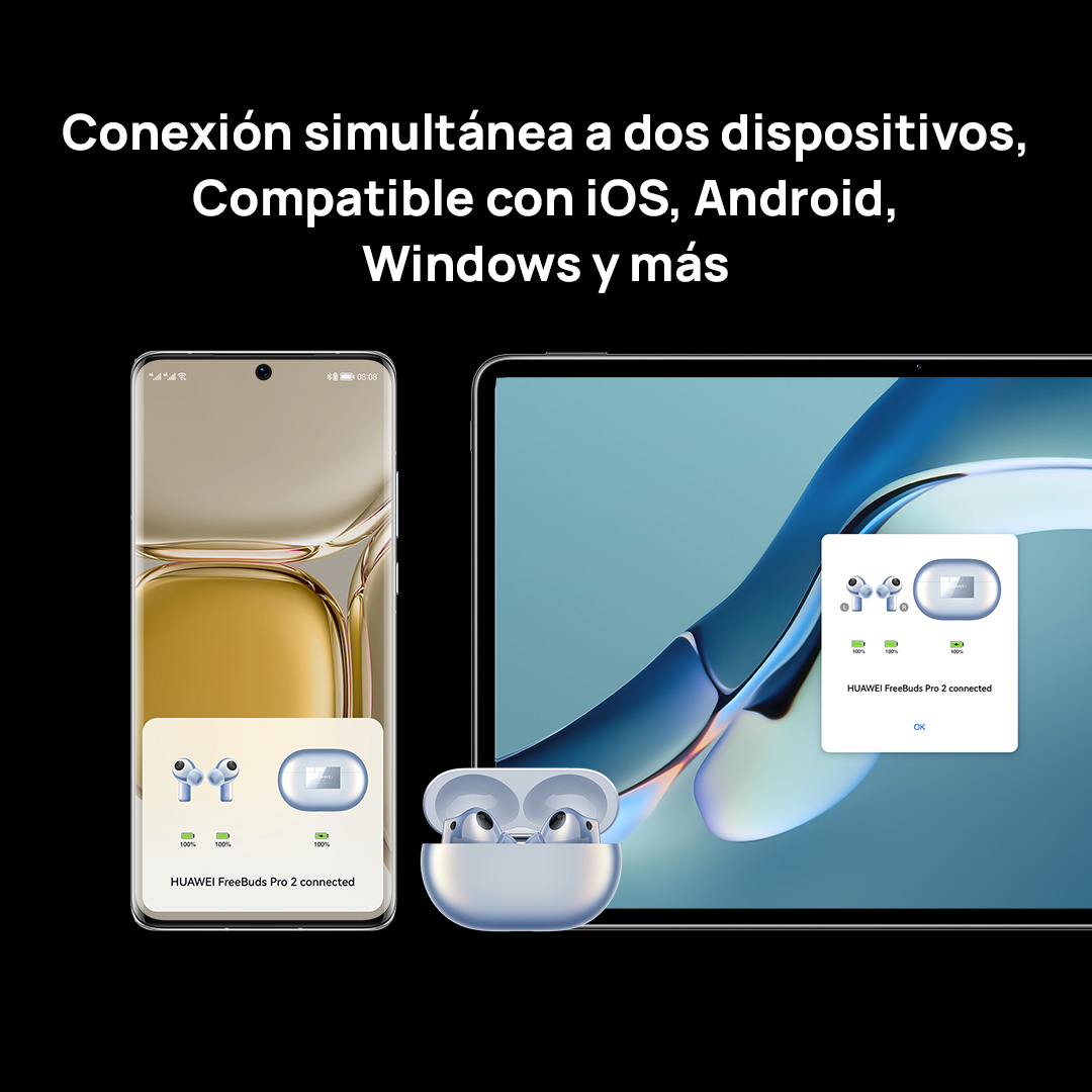 Un smartphone y una tableta que muestran un par de auriculares.