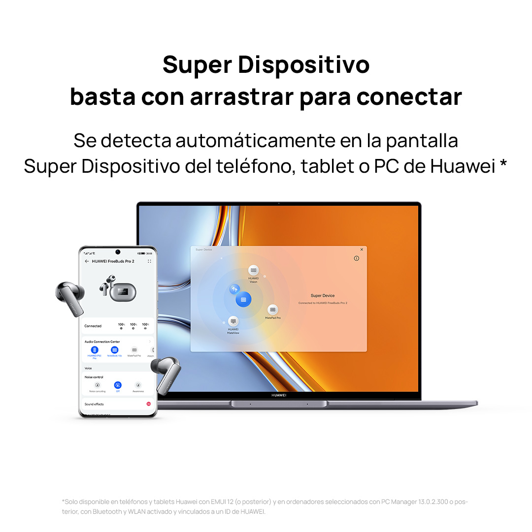 Un teléfono, una computadora portátil y unos auriculares muestran la función Super Dispositivo de Huawei.