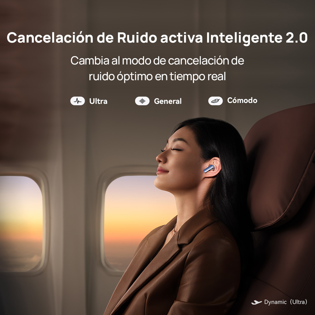 Una persona usando auriculares en un avión. Texto sobre cancelación de ruido está sobre ellos.