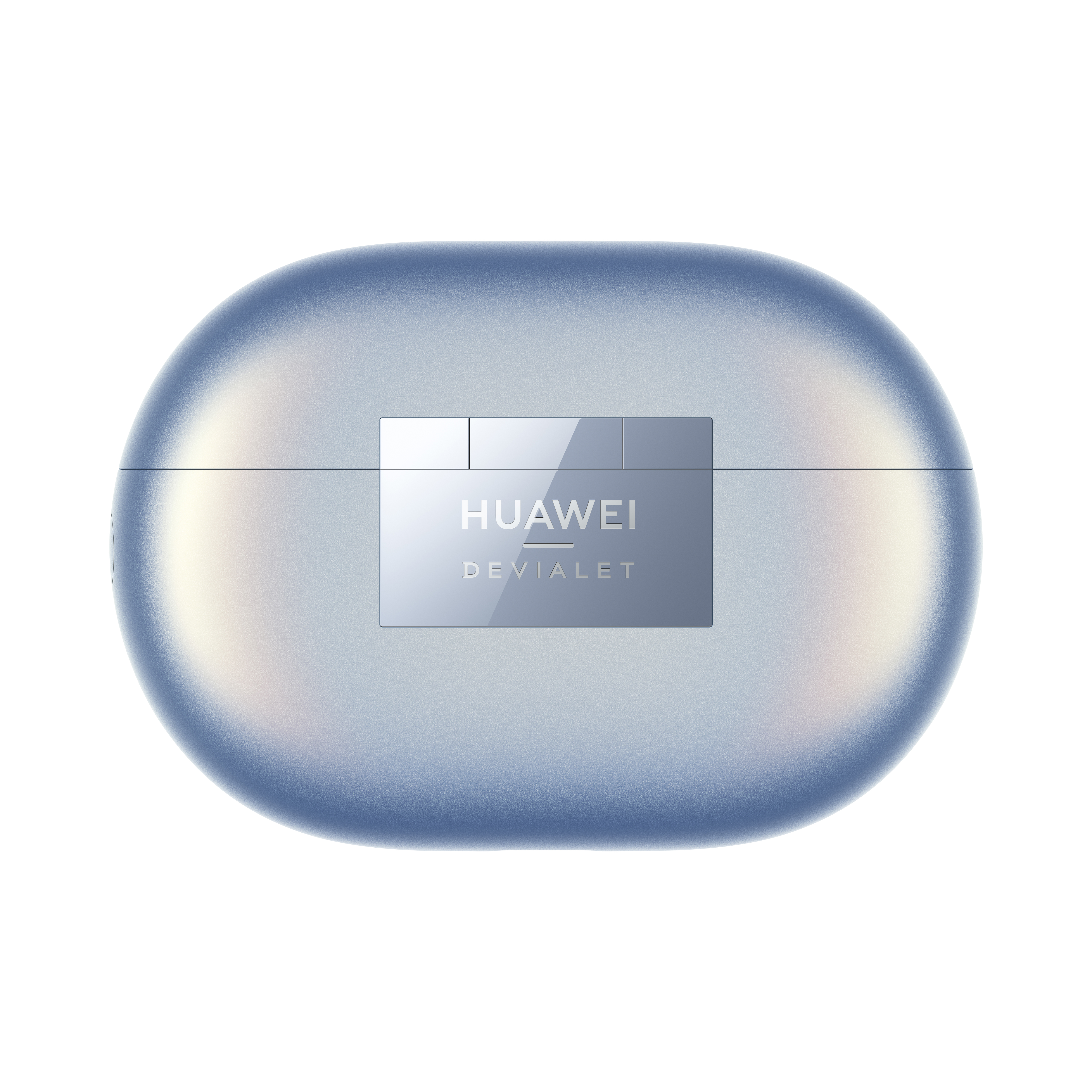 Estuche de auriculares ovalado azul claro con los logotipos 'HUAWEI' y 'DEVIALET'.