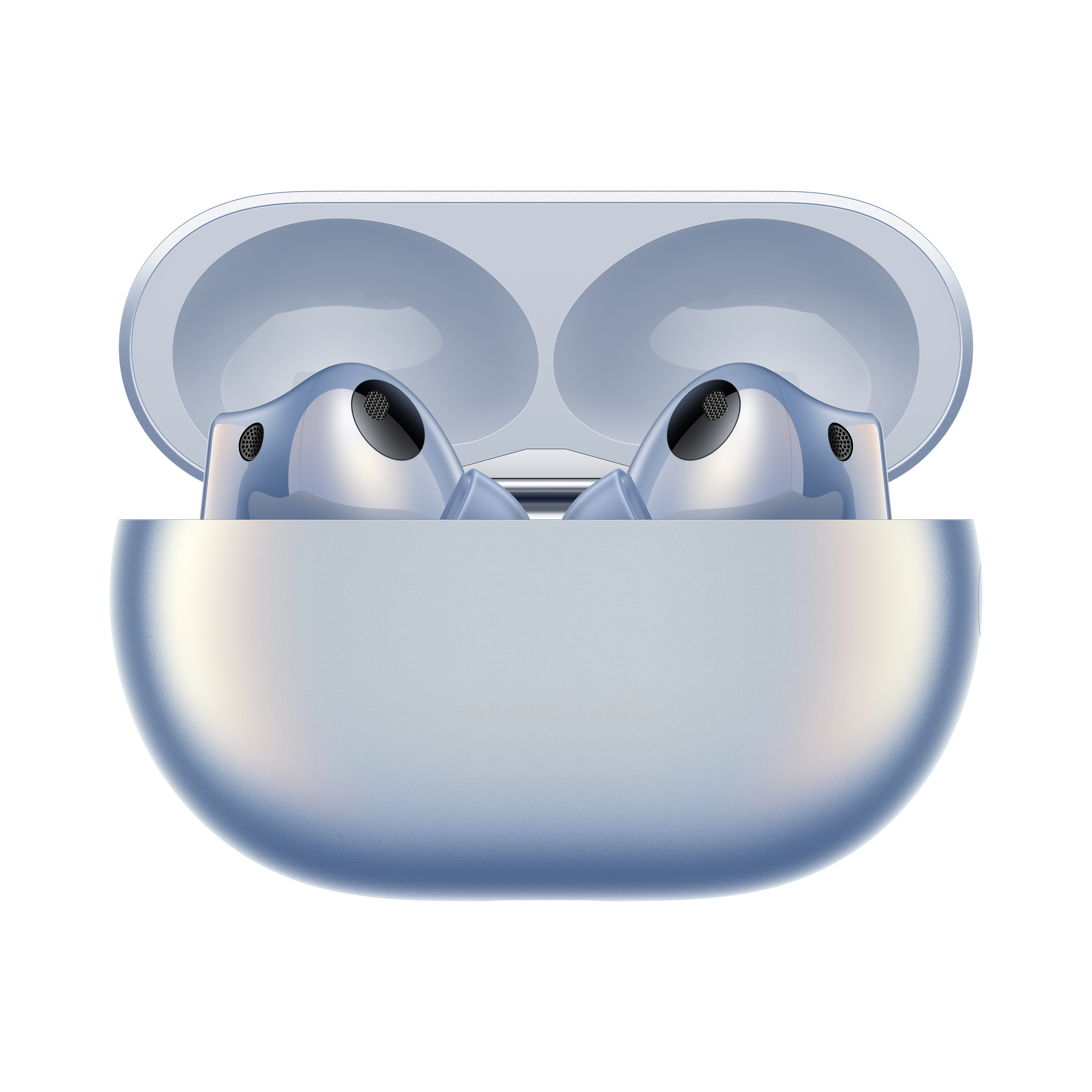 Dos auriculares inalámbricos azules en un estuche de carga, sobre un fondo blanco.