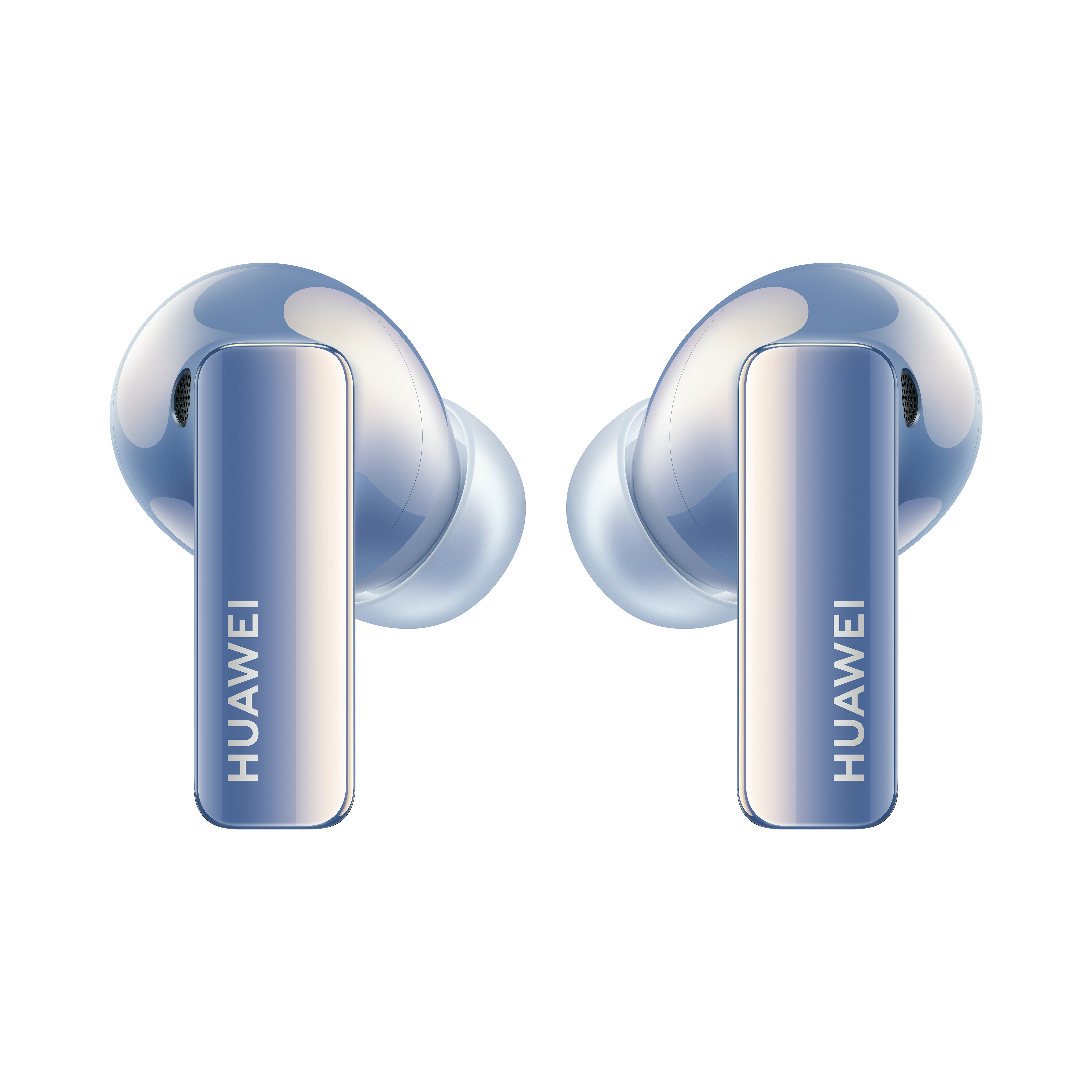 Par de auriculares inalámbricos azules. La marca Huawei es visible en cada auricular.