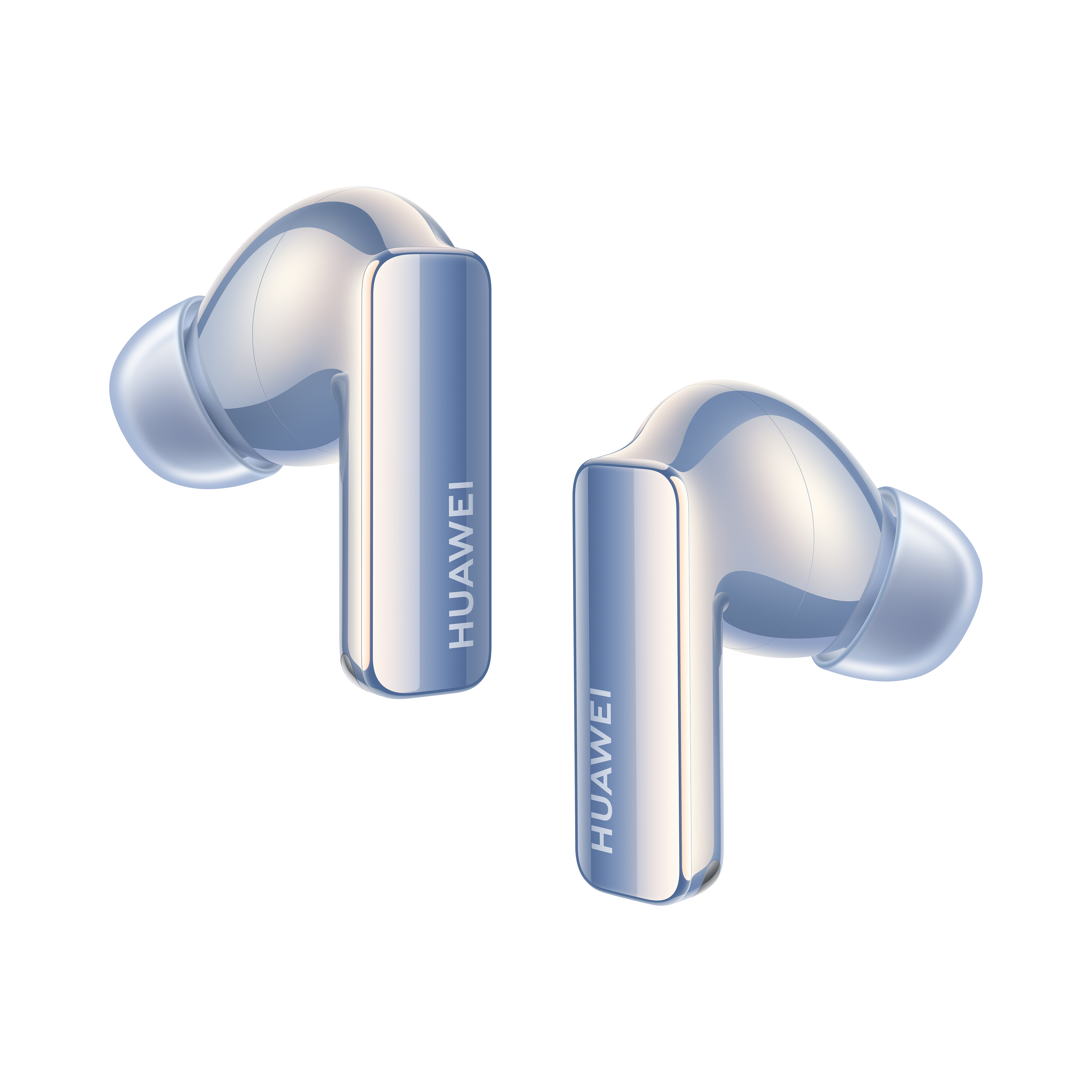 Par de auriculares Huawei plateados. Los auriculares son brillantes y elegantes.