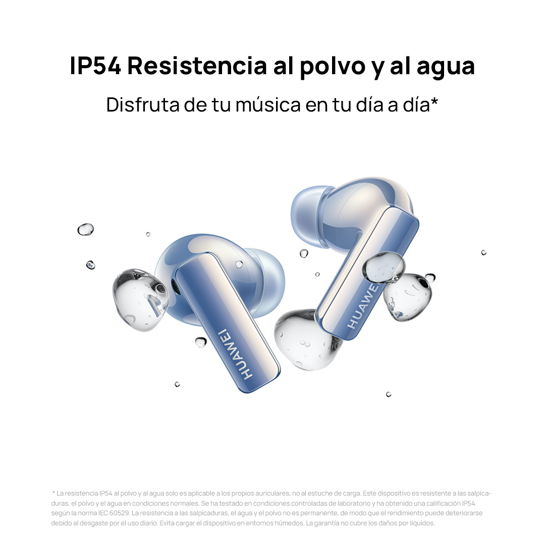 Auriculares en estuche, texto: Resistencia IP54 al polvo y al agua. Disfruta tu música a diario.