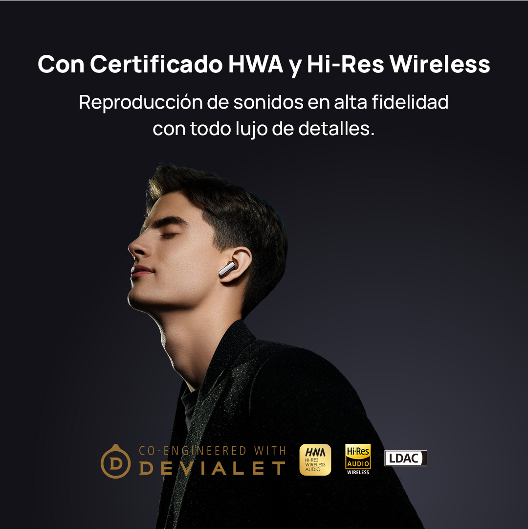 Hombre con auriculares, chaqueta negra, fondo negro, texto sobre calidad de sonido.
