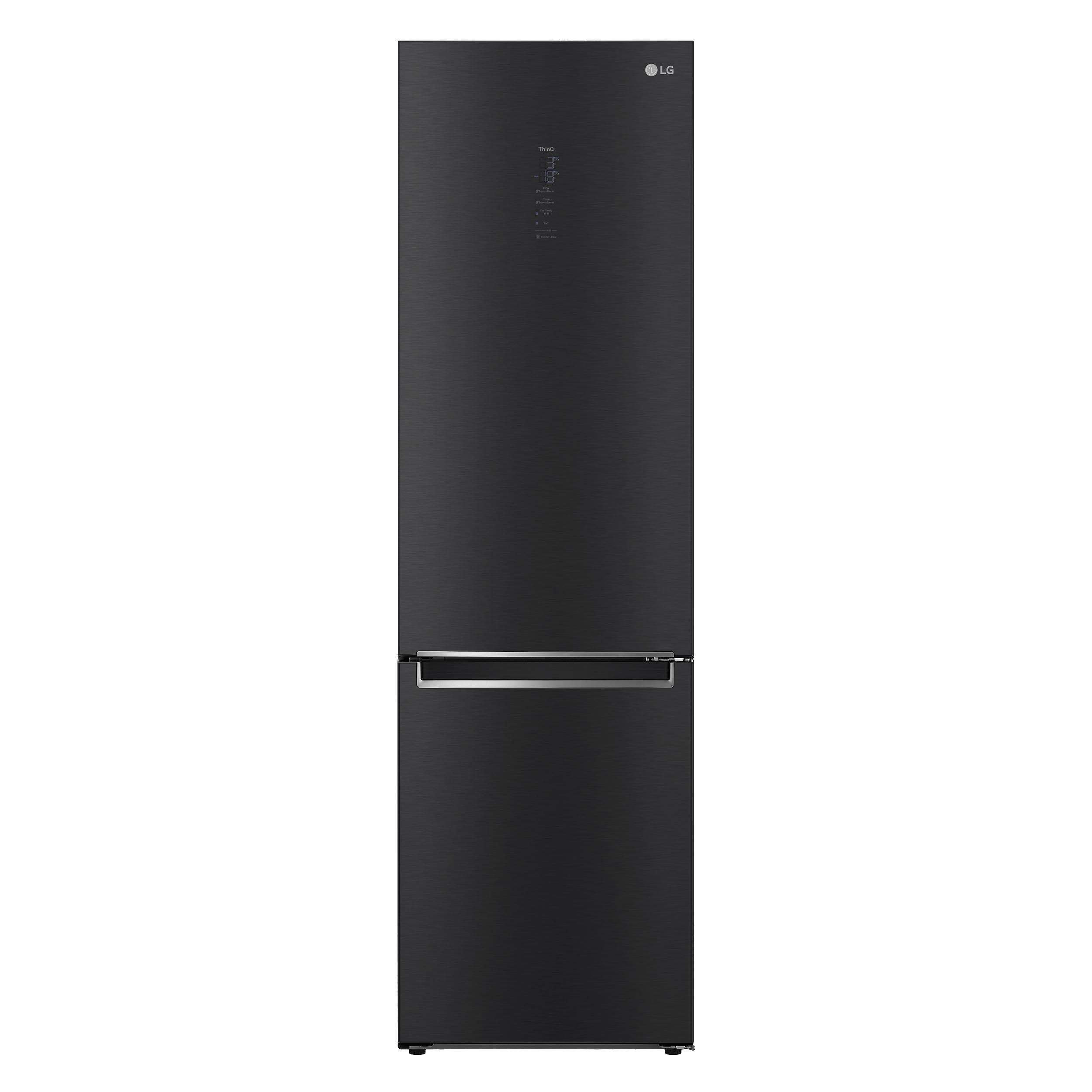 Schwarzer LG Kühlschrank mit zwei Türen. Der Kühlschrank steht vor weißem Hintergrund.