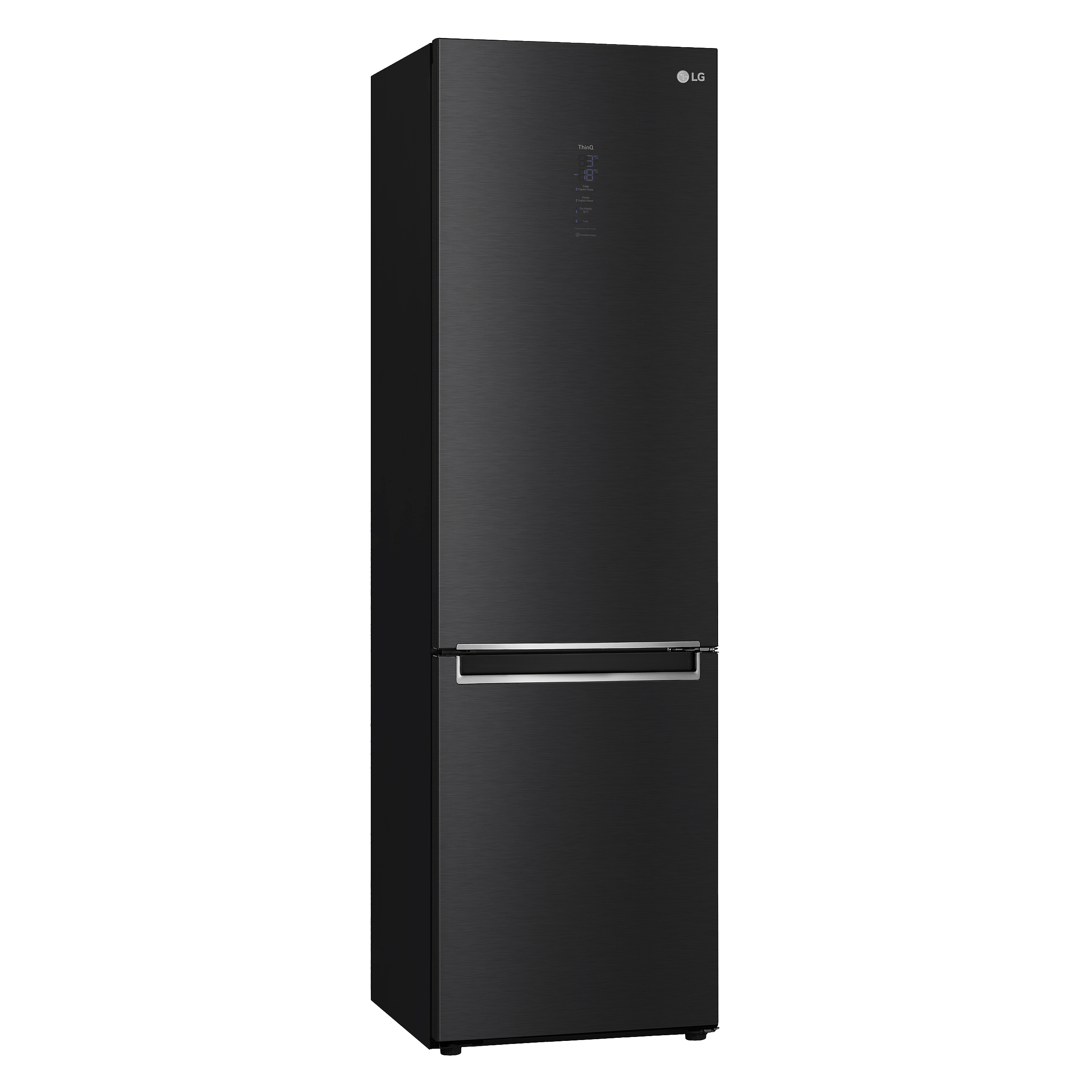 Schwarzer LG Kühlschrank. Zweitürig. Schwarzer Hintergrund.