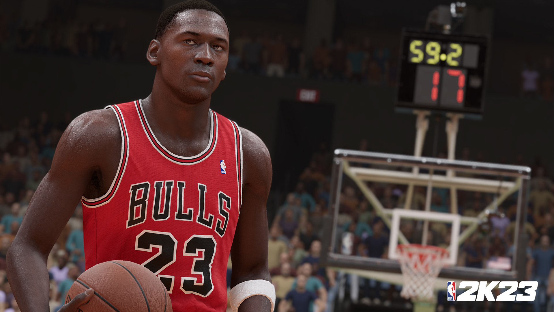 Michael Jordan con maglia rossa dei Bulls, tiene un pallone da basket.