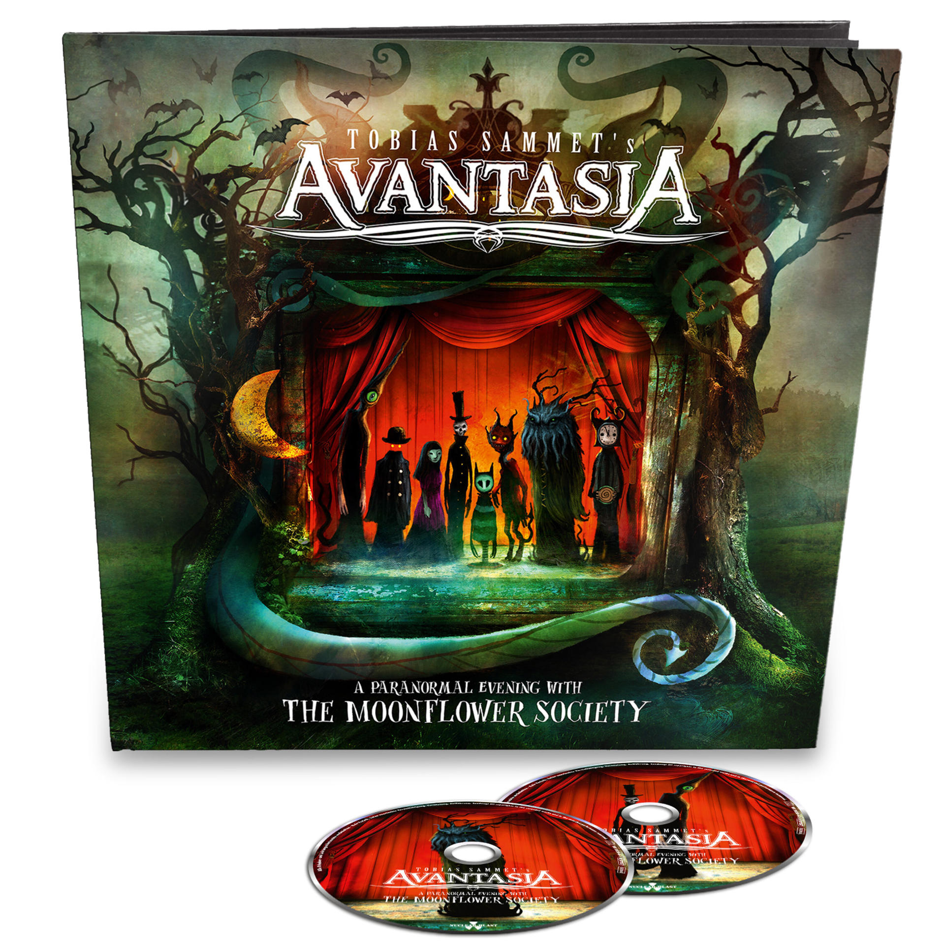 Avantasia-Albumcover mit Bandmitgliedern auf der Bühne, mit zwei CDs davor.