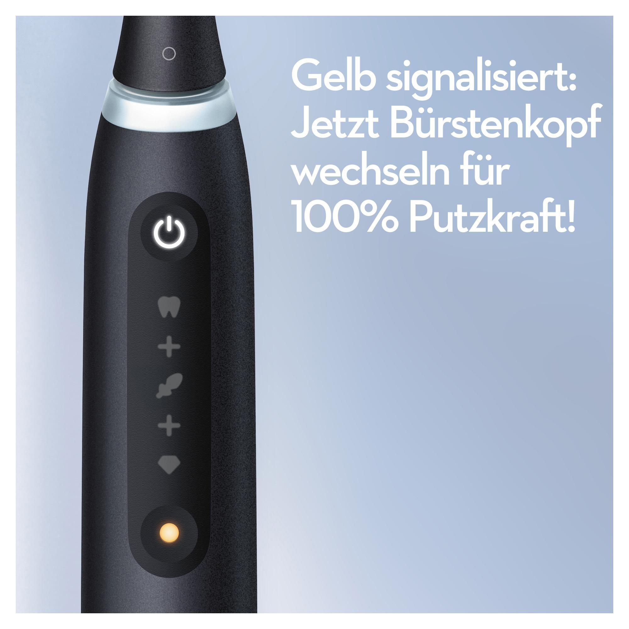 Schwarze elektrische Zahnbürste mit Licht. Gelbes Licht zeigt Bürstenkopfwechsel.