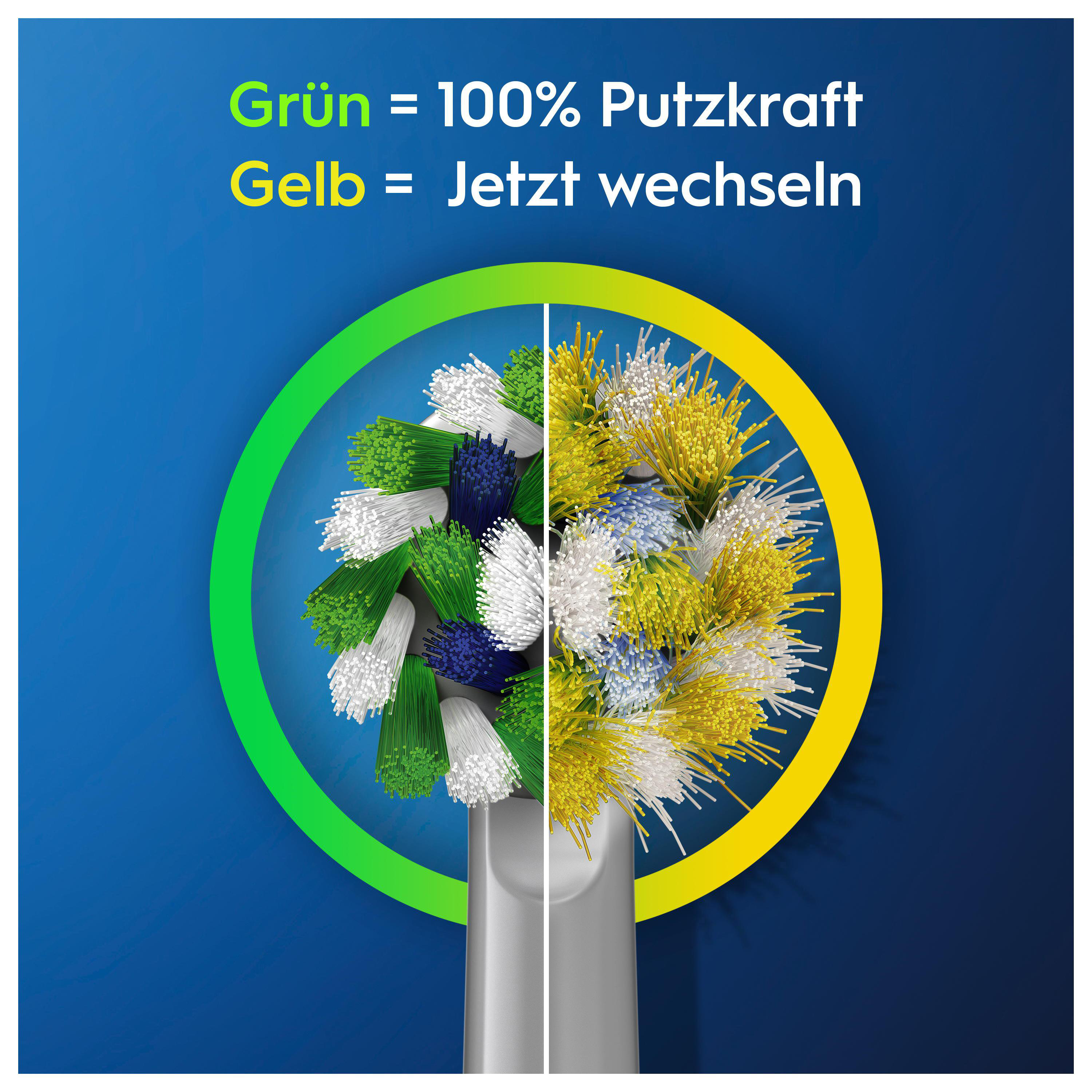 Zahnbürstenkopf mit Farbveränderungen. Hälfte grün mit weiß und blau, Hälfte gelb.