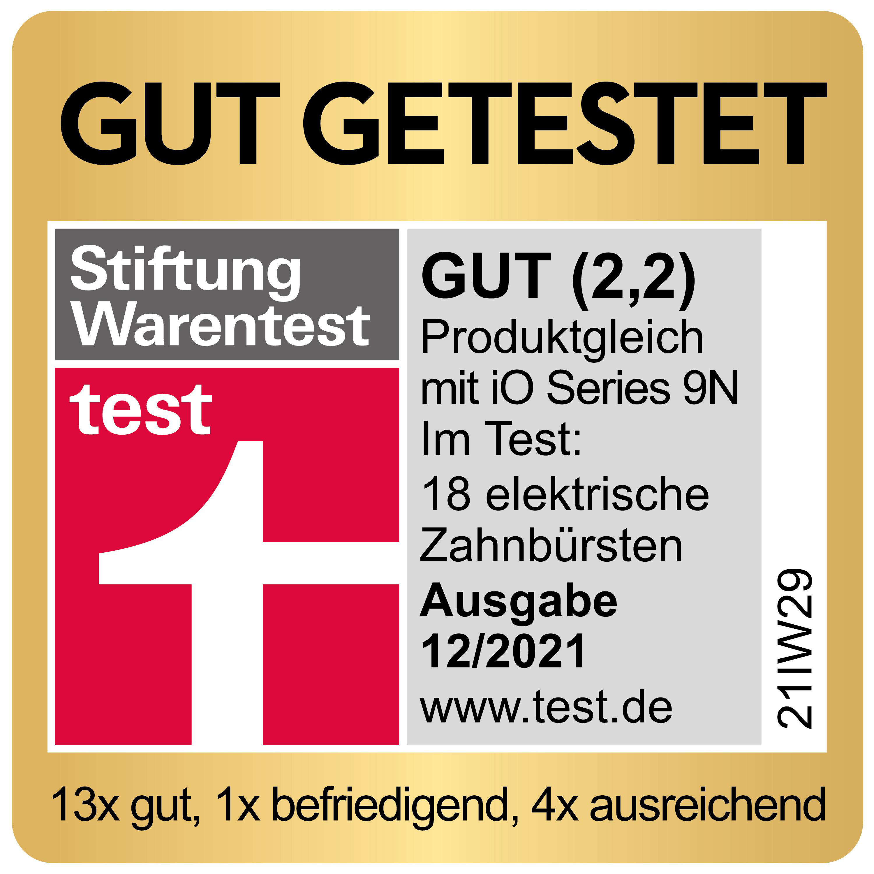 Ein Aufkleber mit Testergebnissen und Text. Es steht 'GUT GETESTET' und 'Stiftung Warentest test'.