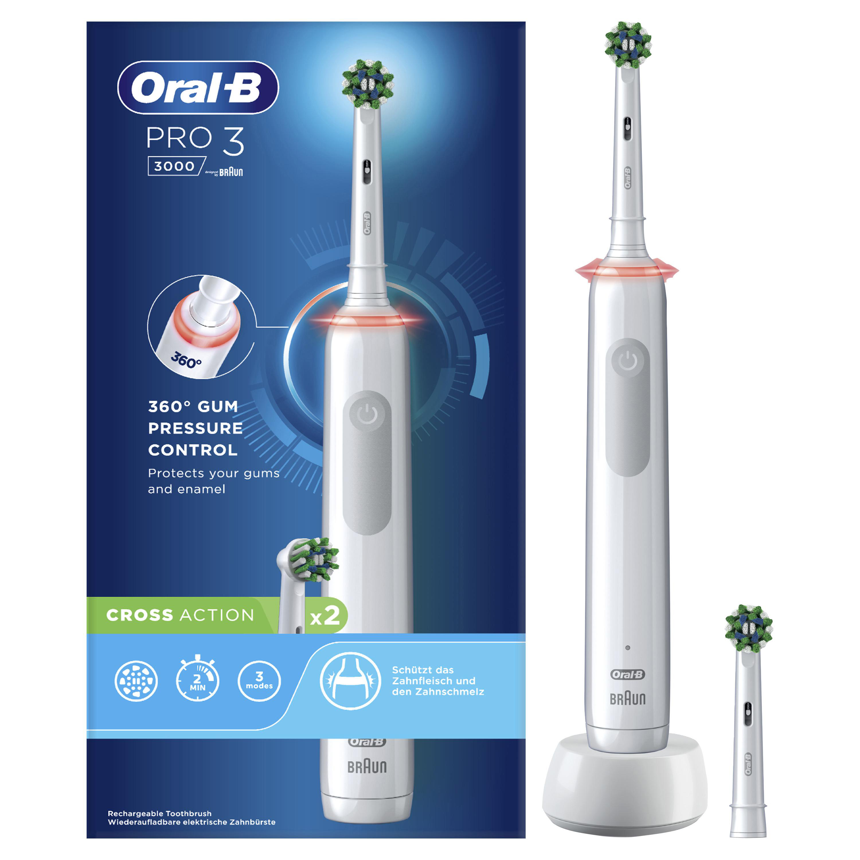 Eine elektrische Zahnbürste Oral-B Pro 3 mit Ladestation und einem zusätzlichen Bürstenkopf.