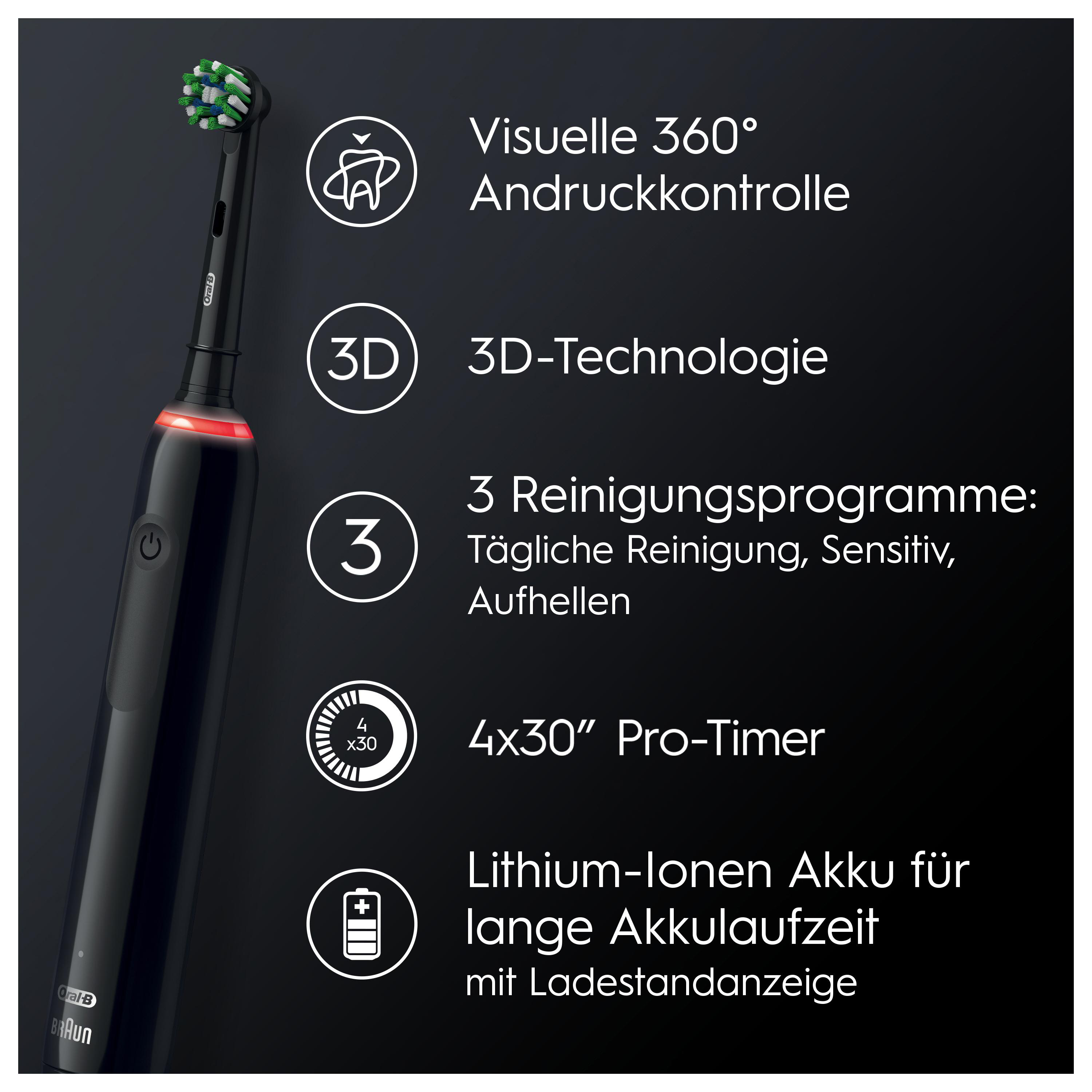 Nahaufnahme einer schwarzen elektrischen Zahnbürste mit Details. Zeigt Funktionen wie Druckkontrolle, 3D-Technik und Reinigungsmodi.
