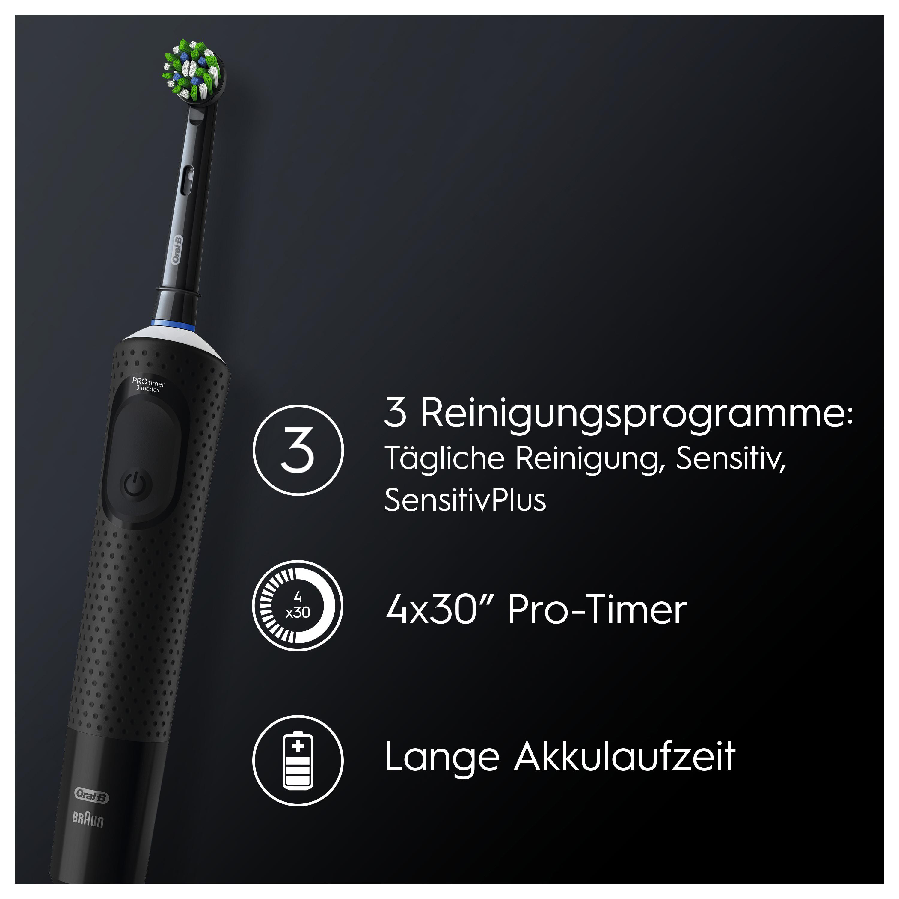Schwarze elektrische Zahnbürste von Oral-B mit Funktionen auf schwarzem Hintergrund. Text hebt Reinigungsmodi und Timer hervor.