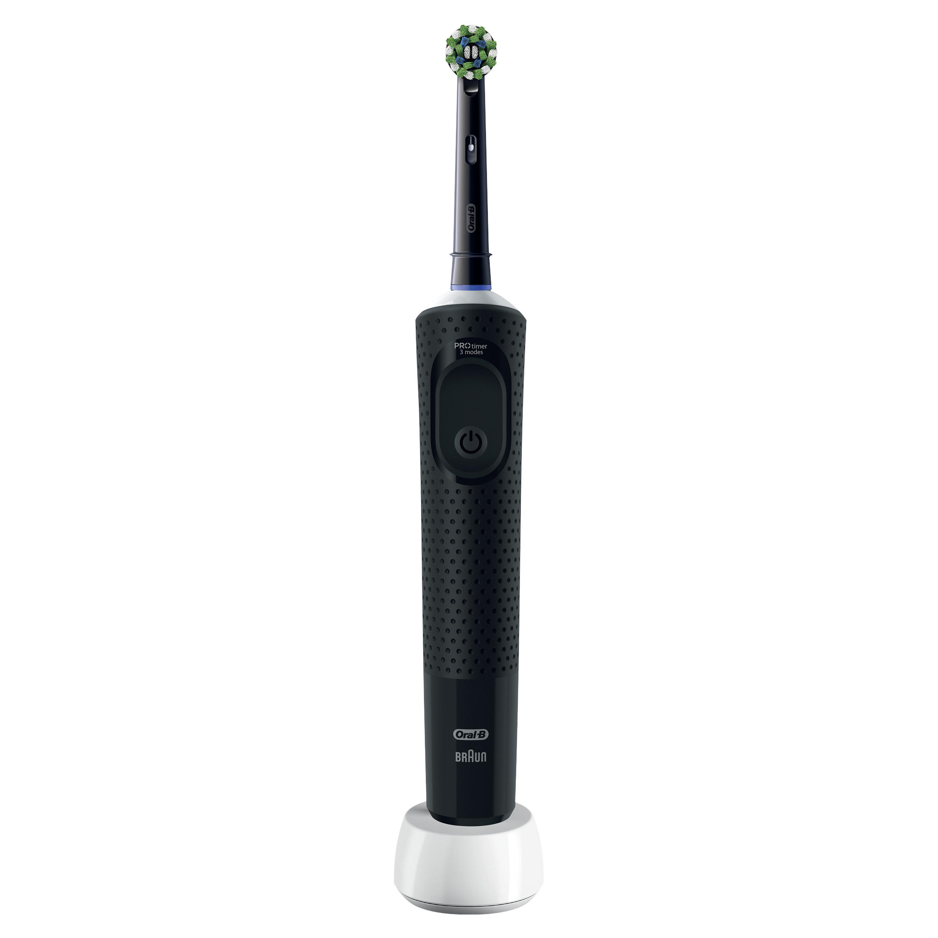 Schwarze elektrische Zahnbürste mit grünen Borsten auf weißer Ladestation. Oral-B- und Braun-Logos sichtbar.