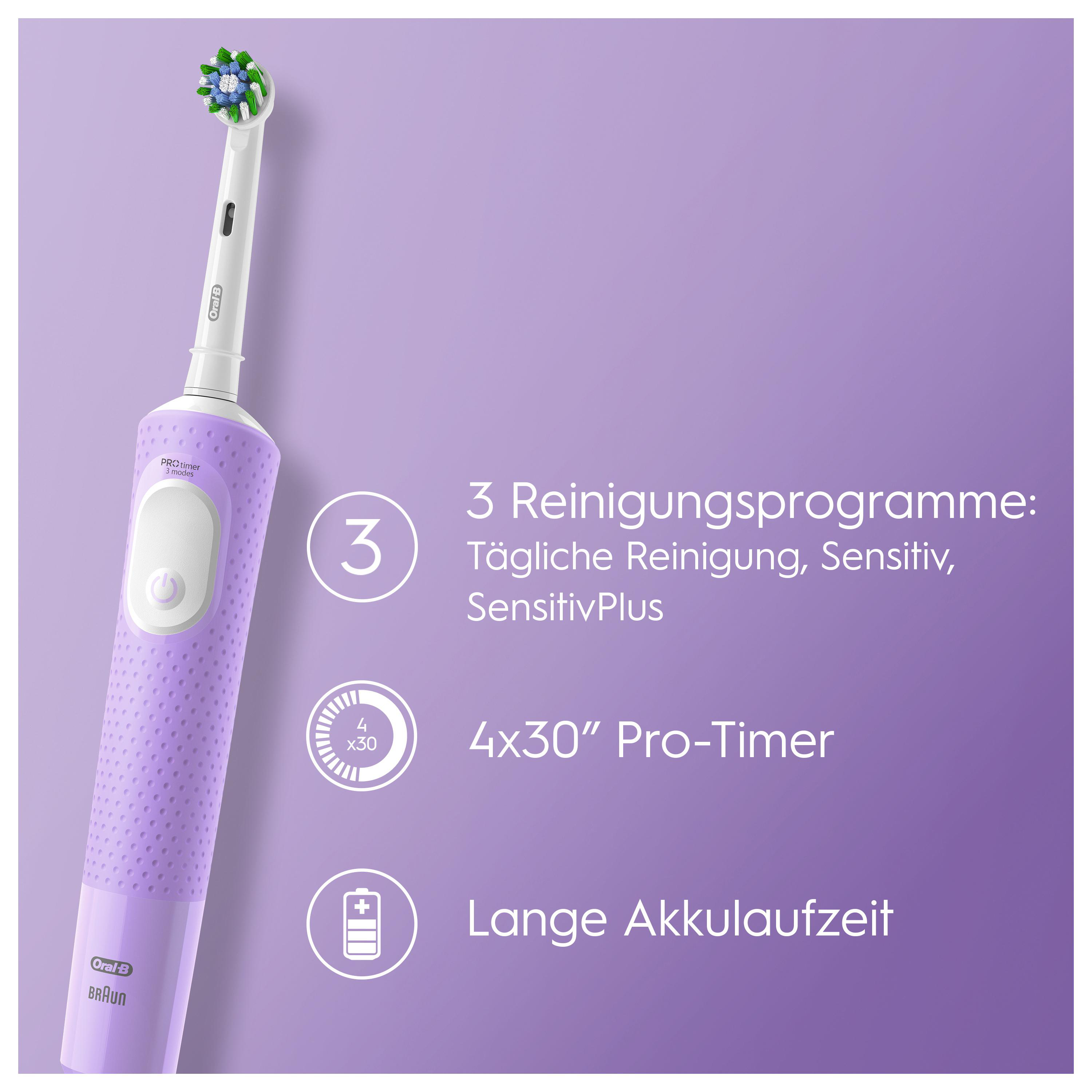 Lila elektrische Zahnbürste mit Reinigungsprogrammen und Timer, mit Textbeschreibungen angezeigt.