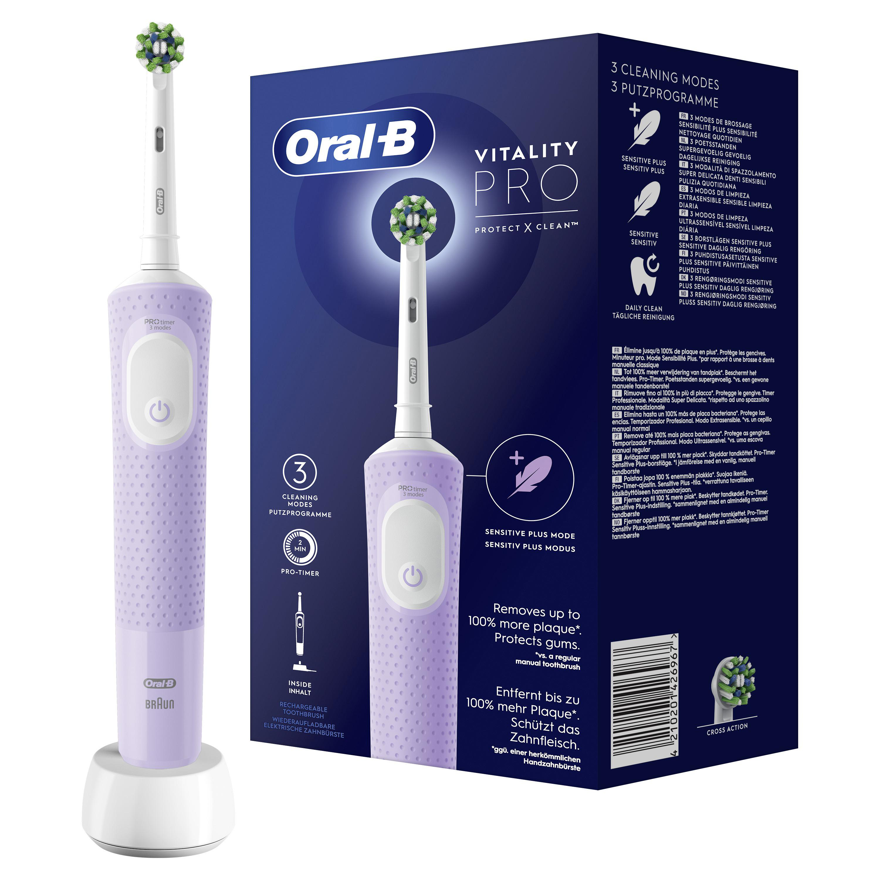 Eine elektrische Zahnbürste Oral-B Vitality Pro mit einer Box, die Funktionen zeigt.
