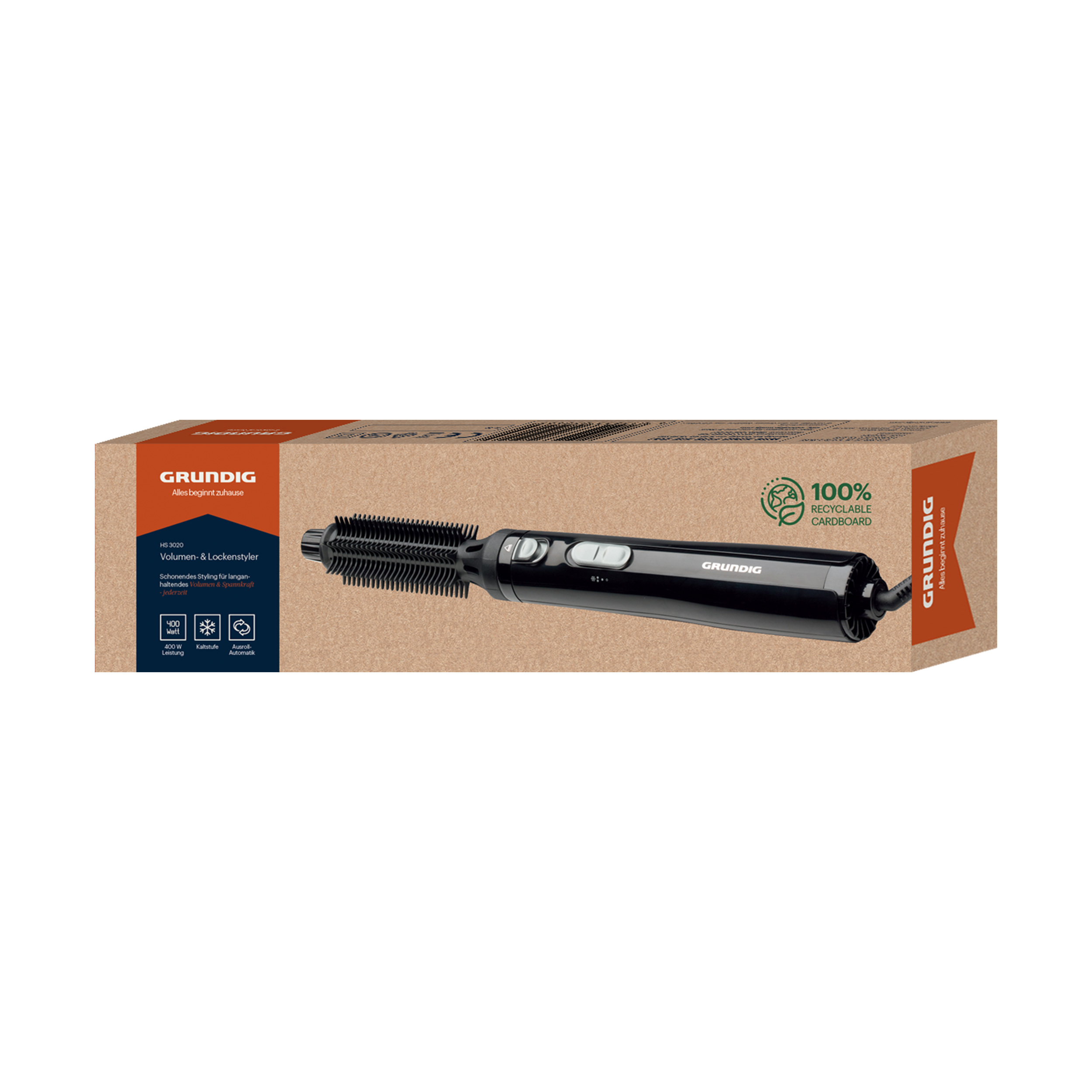 Box für eine schwarze Volumen-Haarbürste. Enthält Bilder und Text, mit einem Grundig-Logo.