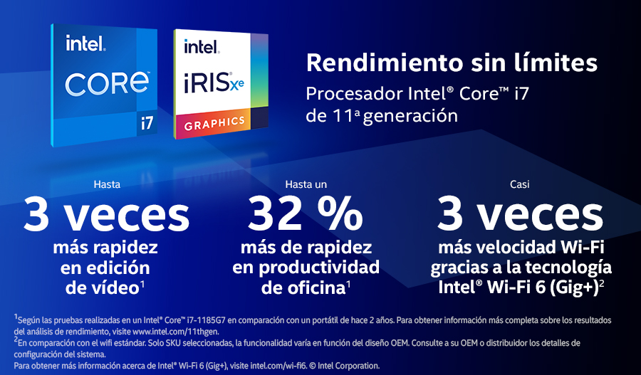 Infografía con logotipos Intel Core i7 e iRIS Xe, texto sobre mejoras de rendimiento y números.