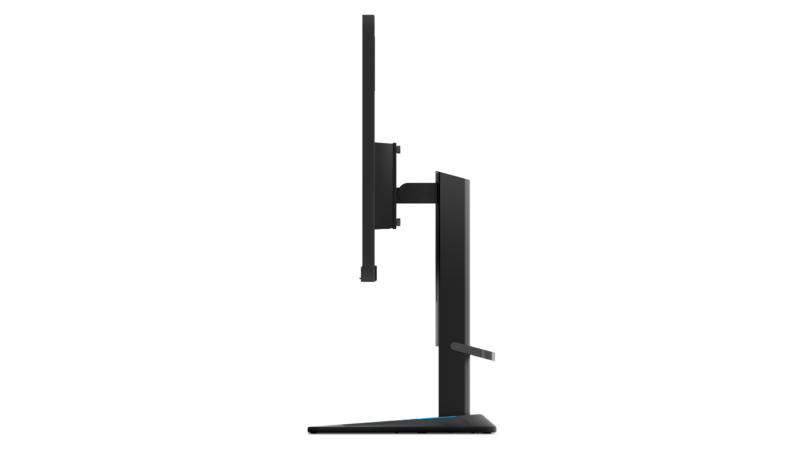 Seitenansicht eines schwarzen Computermonitors mit schlankem Design, auf einem schwarzen Ständer, vor schwarzem Hintergrund.