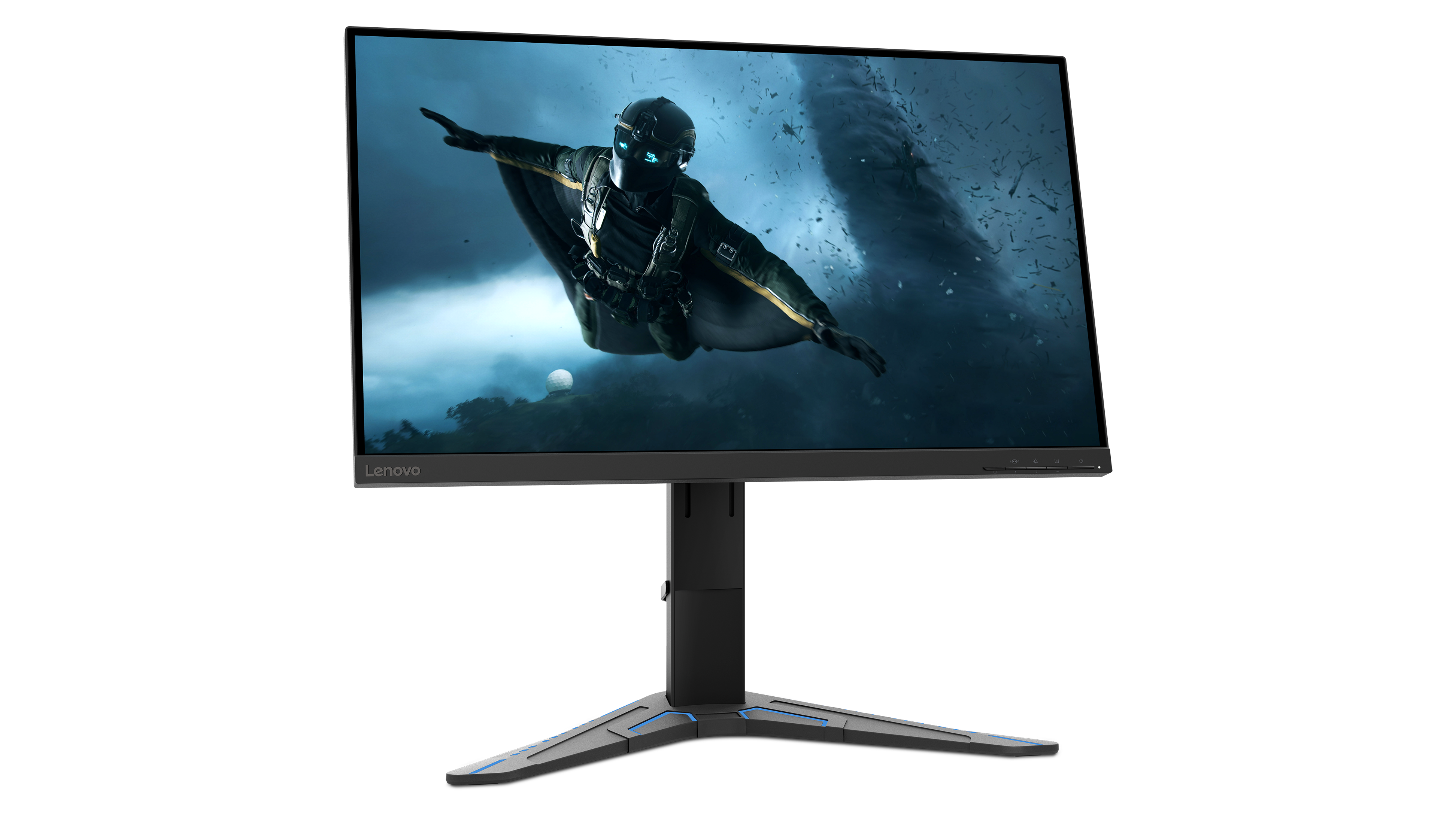 Ein Lenovo Monitor zeigt eine Videospielszenen, montiert auf einem schwarz-grauen Ständer.