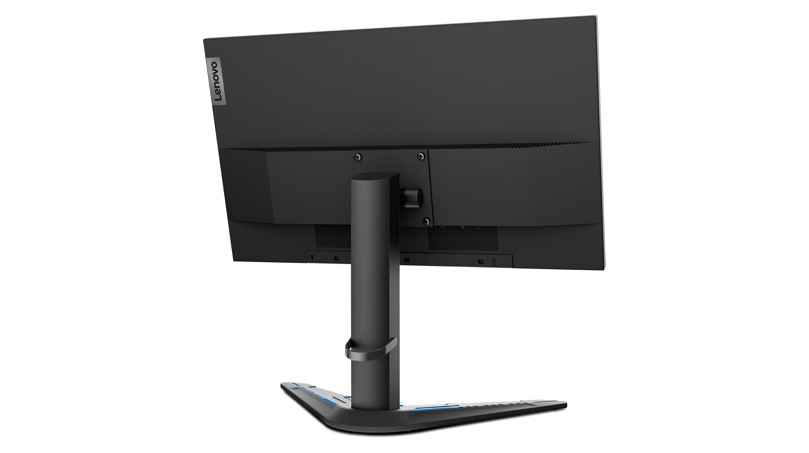 Rückansicht eines schwarzen Lenovo-Monitors mit Ständer auf schwarzem Hintergrund.