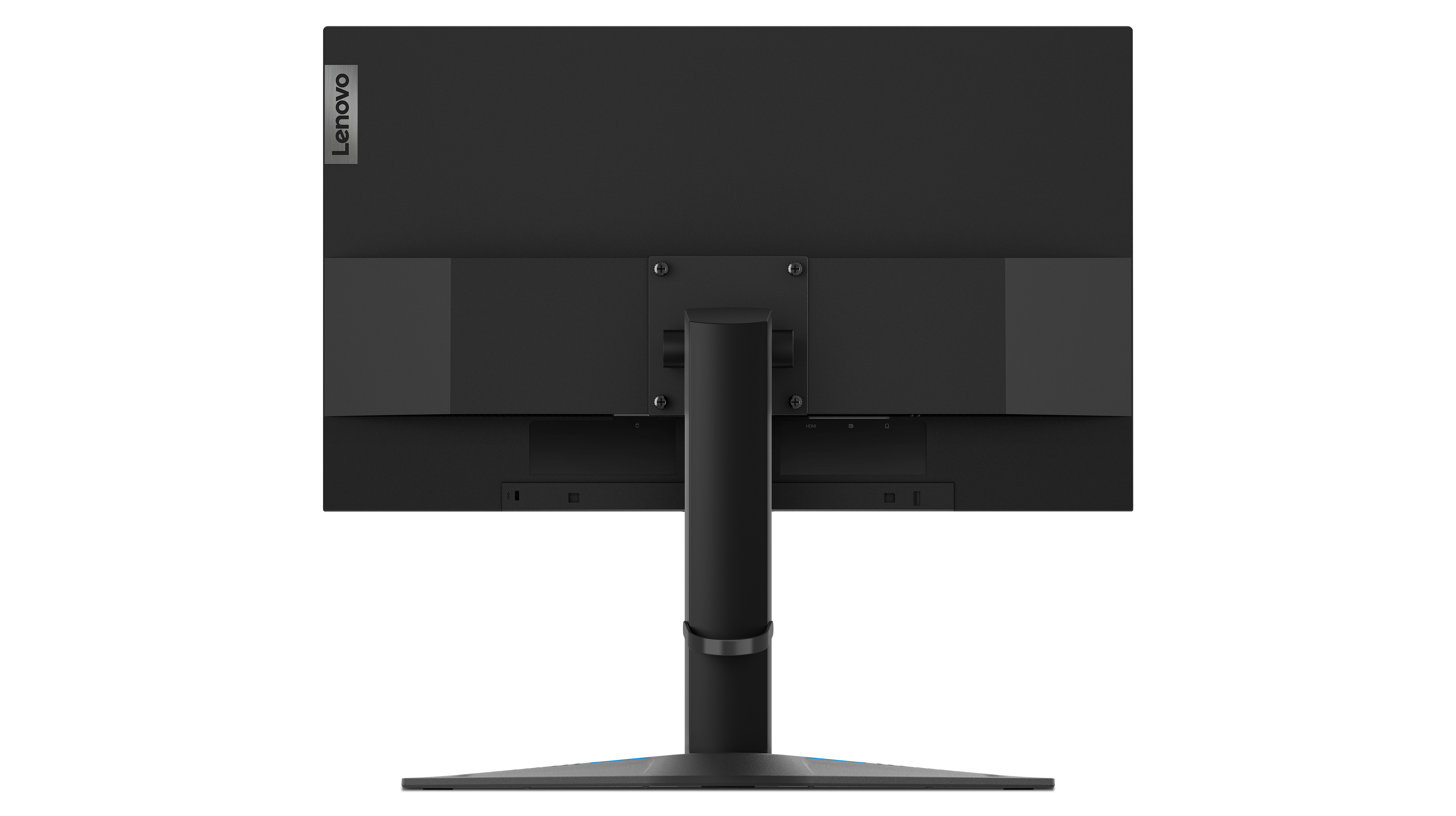 Rückseite eines schwarzen Lenovo Monitors. Lenovo Logo oben. Der Standfuß ist schwarz und mittig.