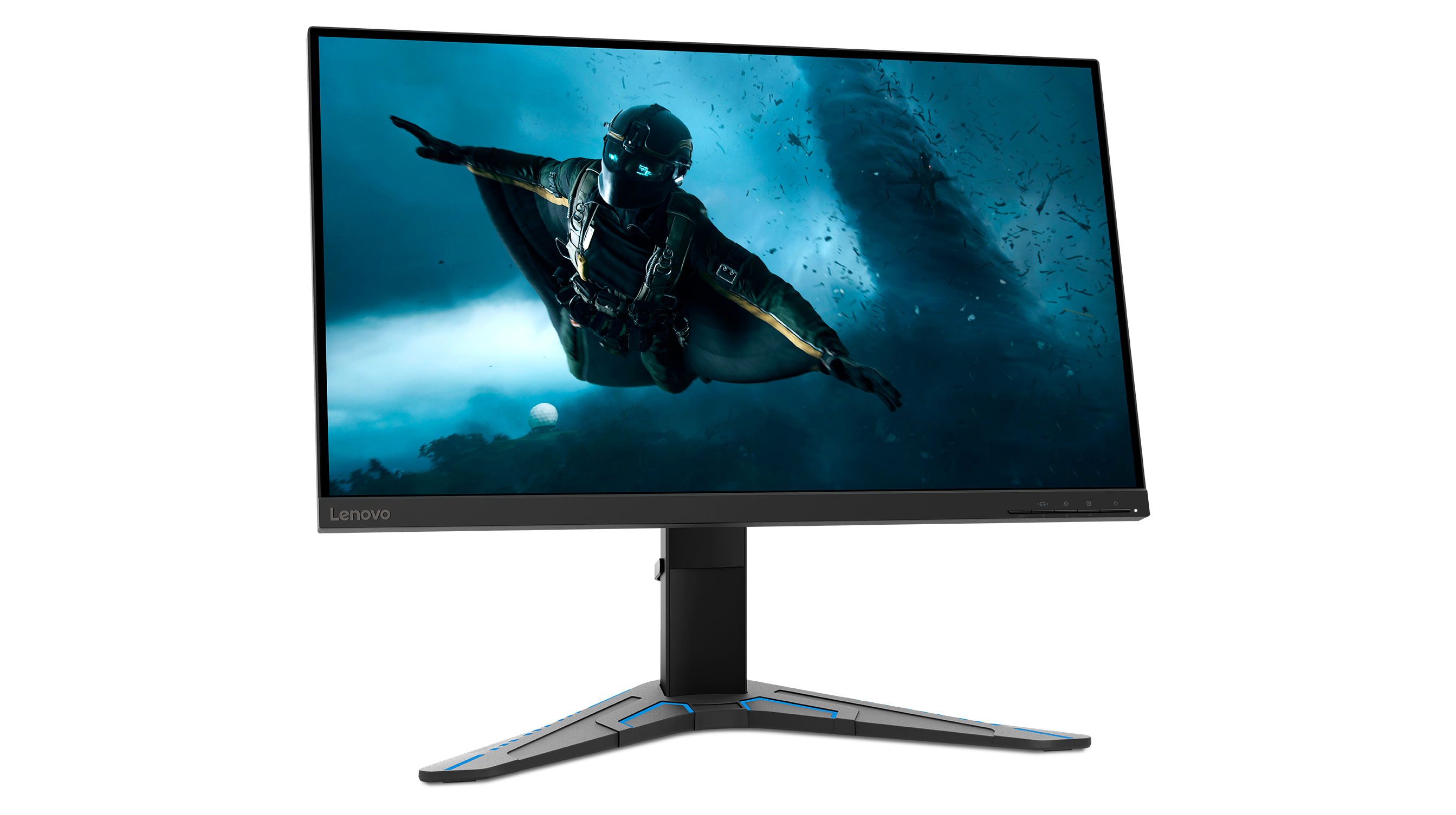 Ein schwarzer Lenovo-Monitor zeigt eine Person im Wingsuit über Wasser.