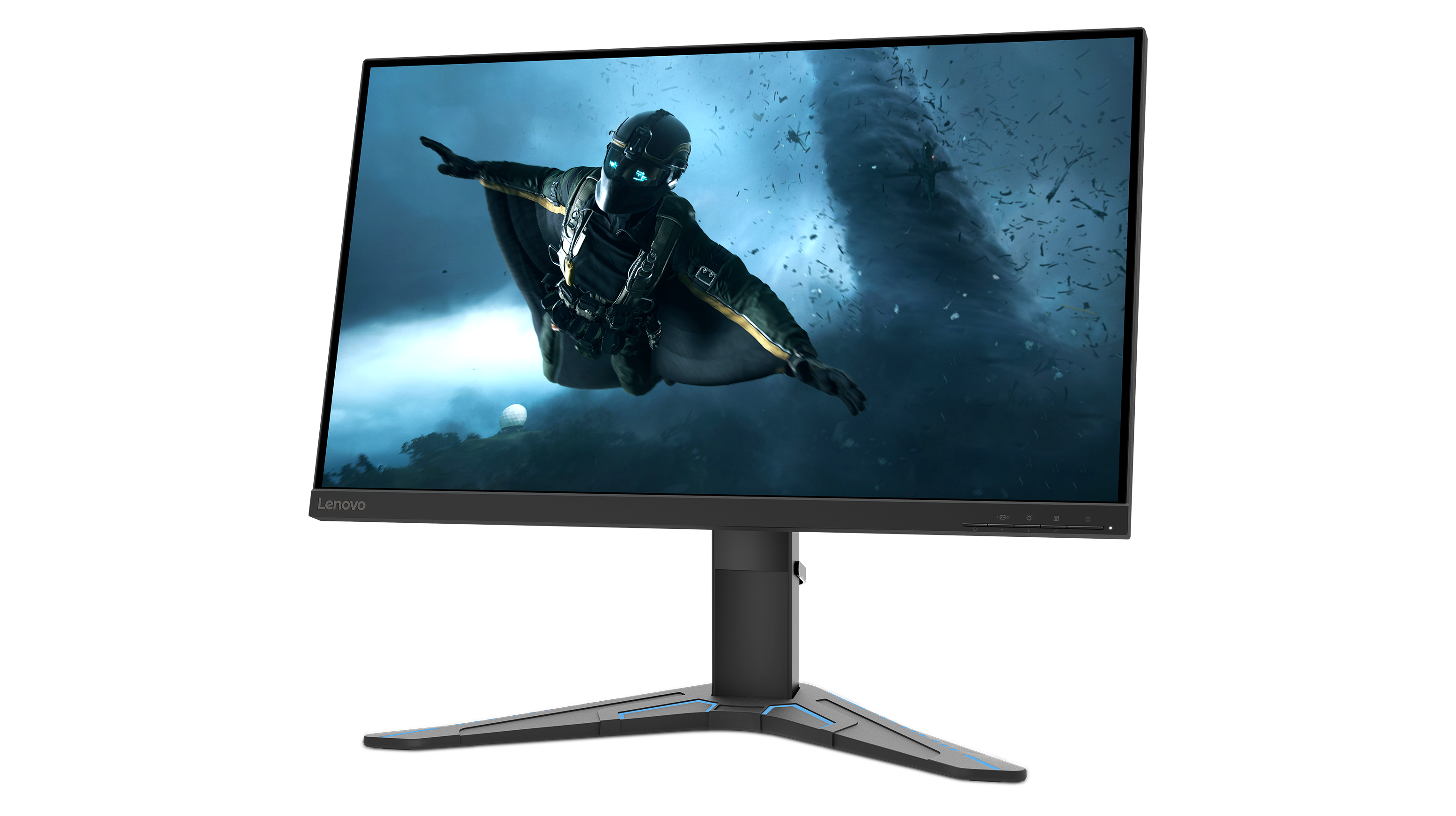 Gaming-Monitor, der eine Videospielszene mit einem Fallschirmspringer zeigt, schwarzer Ständer und schwarzer Hintergrund.