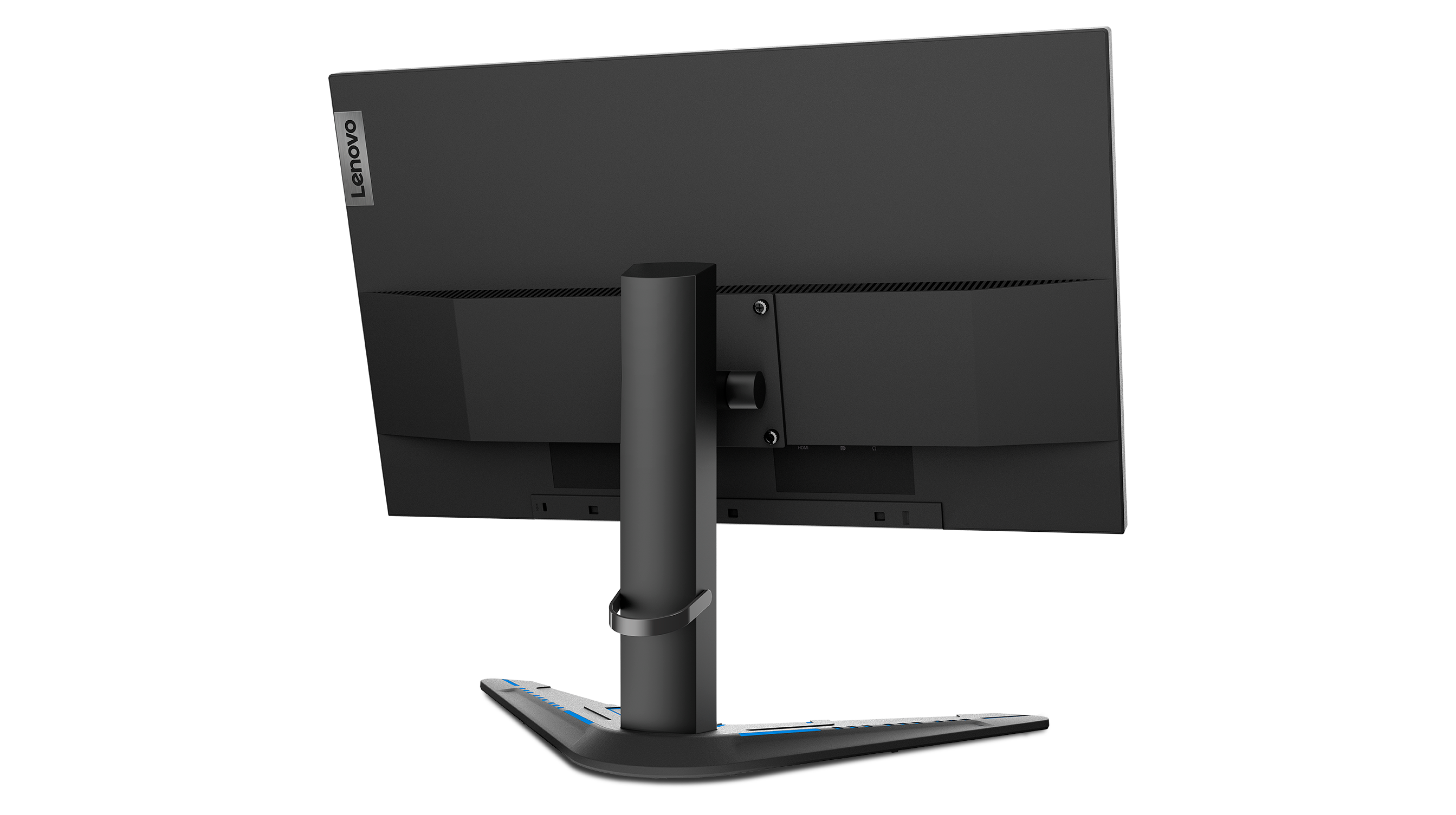 Die Rückseite eines schwarzen Lenovo-Monitors. Er hat einen Ständer und Anschlüsse.