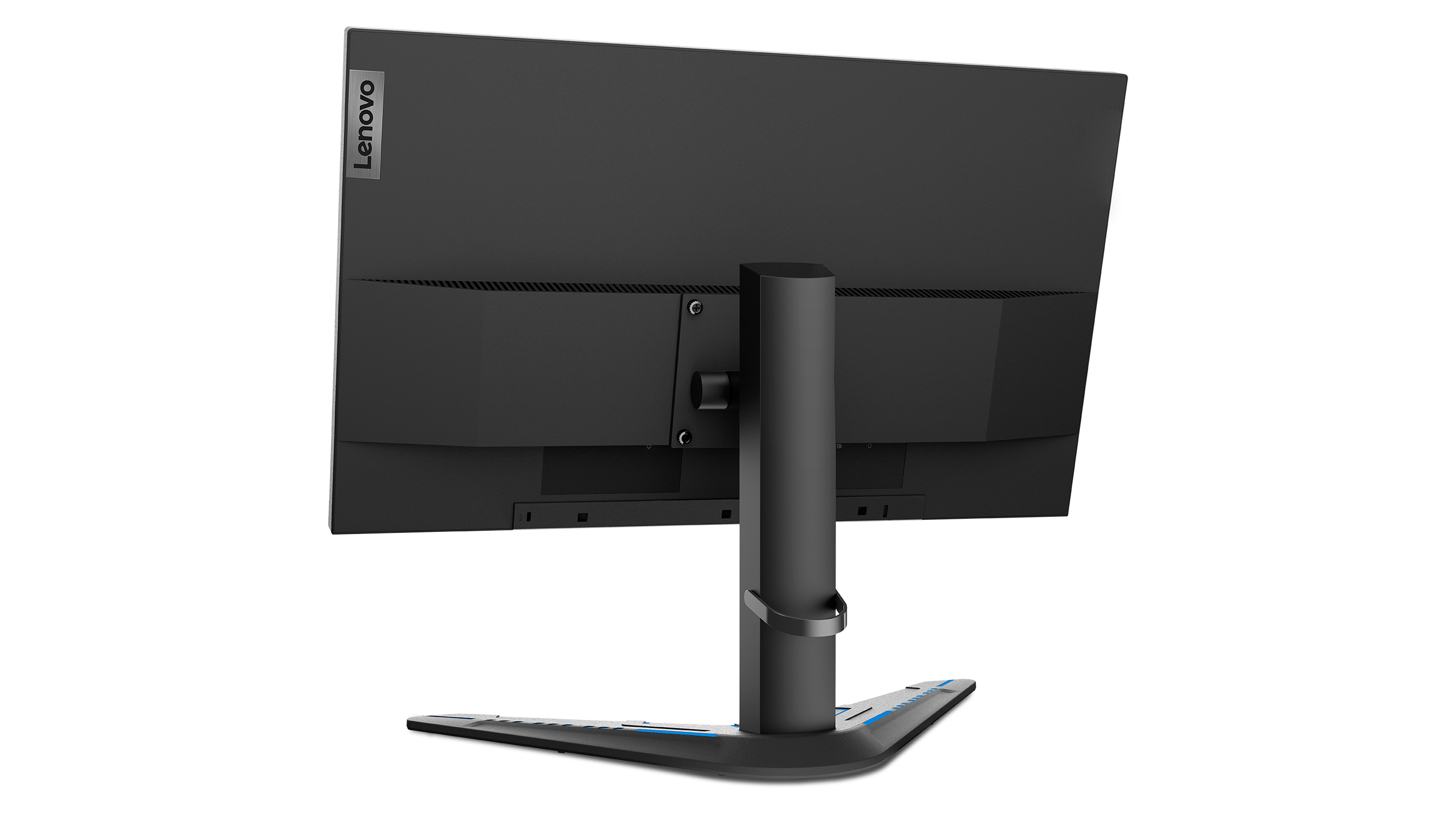 Die Rückseite eines schwarzen Lenovo-Monitors. Der Monitor befindet sich auf schwarzem Hintergrund.