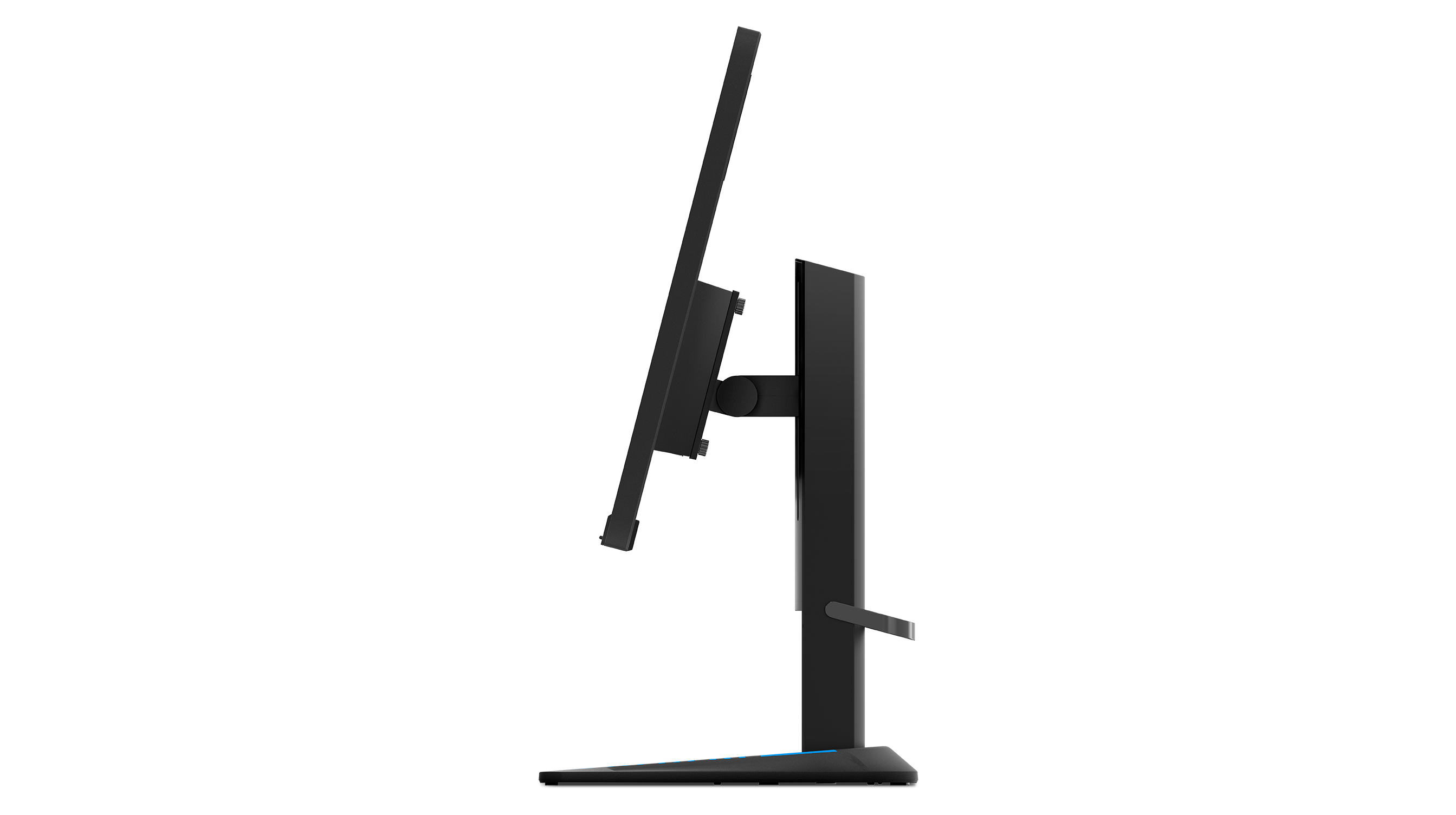 Seitenansicht eines schwarzen Computermonitors mit schwarzem Ständer und schwarzem Hintergrund.