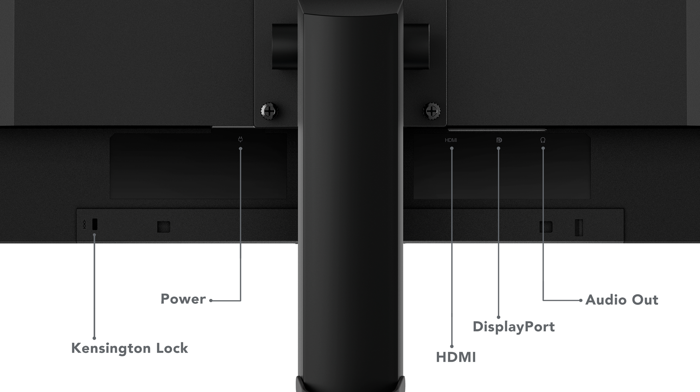 Rückseite eines schwarzen Computermonitors mit Strom-, HDMI-, DisplayPort- und Audioausgängen.