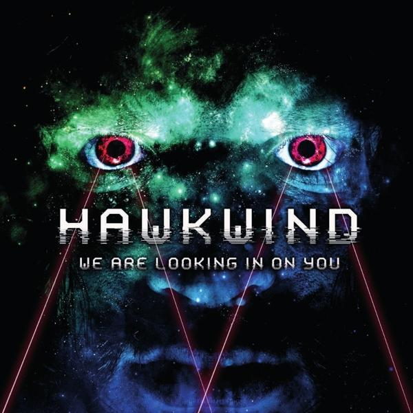 Pochette d'album de Hawkwind, avec un visage aux yeux rouges et un fond spatial.