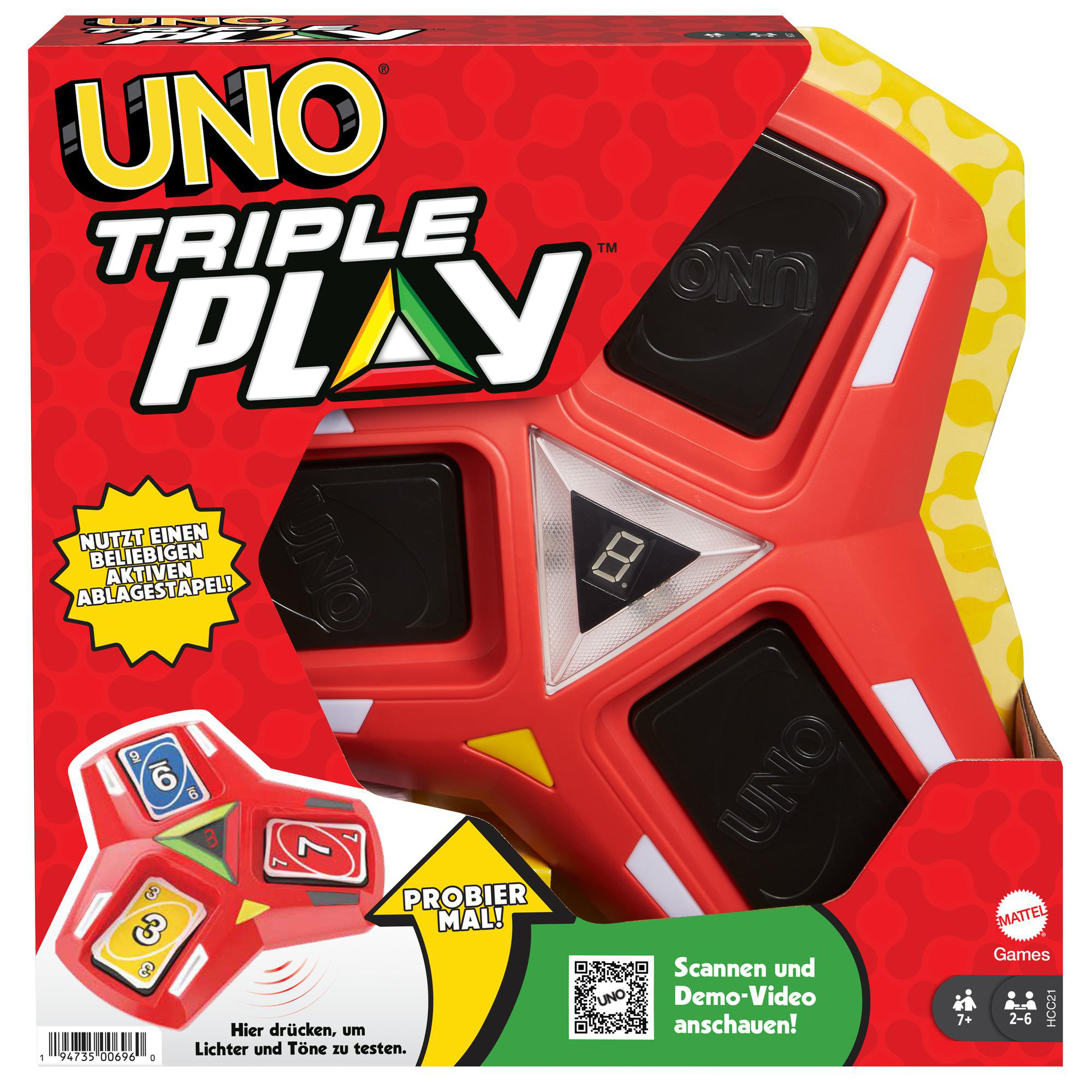 Uno Triple Play Spielbox. Rotes Design, zeigt Karten und Spielkomponenten.