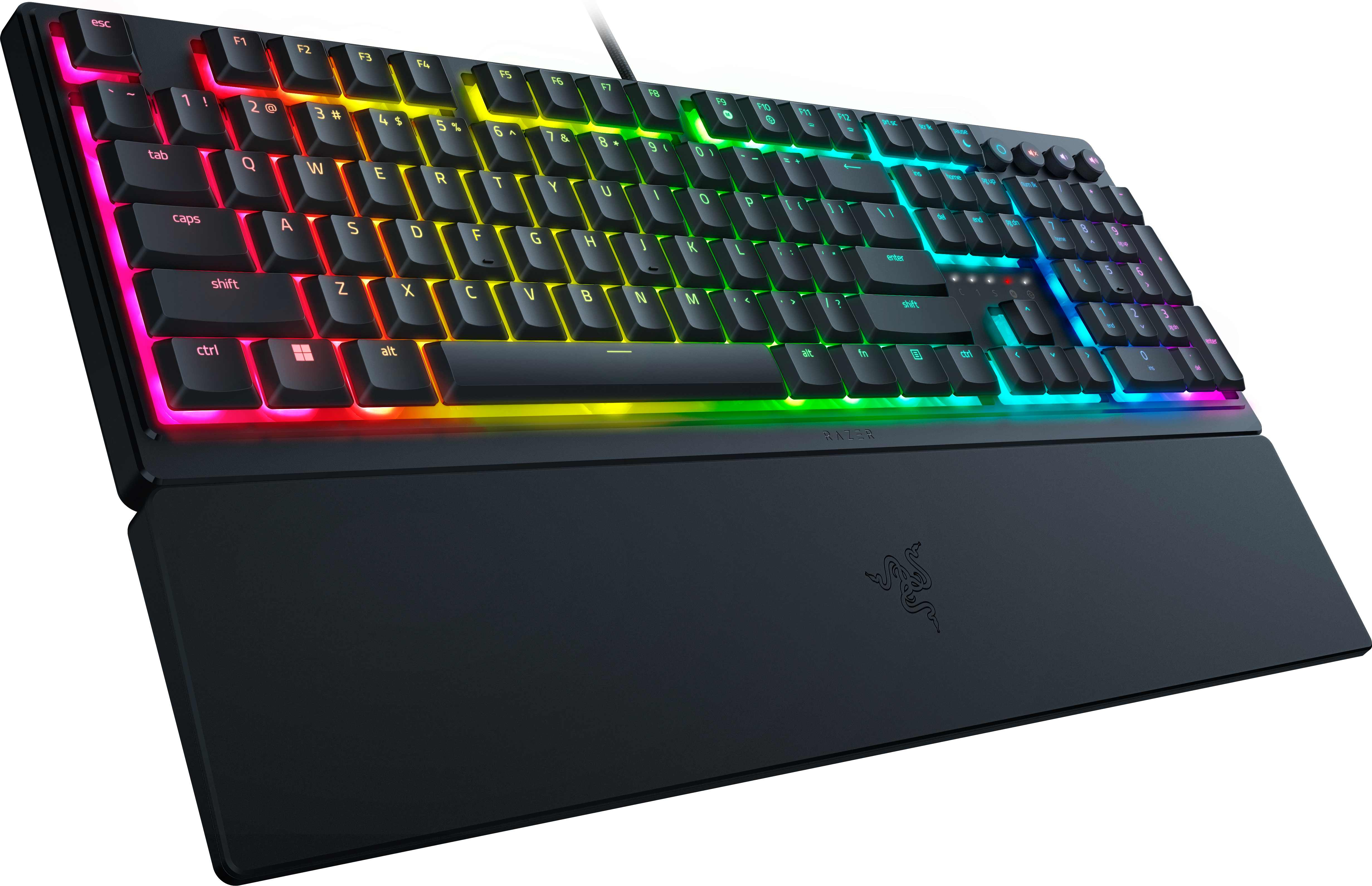 Una tastiera nera con tasti color arcobaleno. Il logo Razer è visibile.