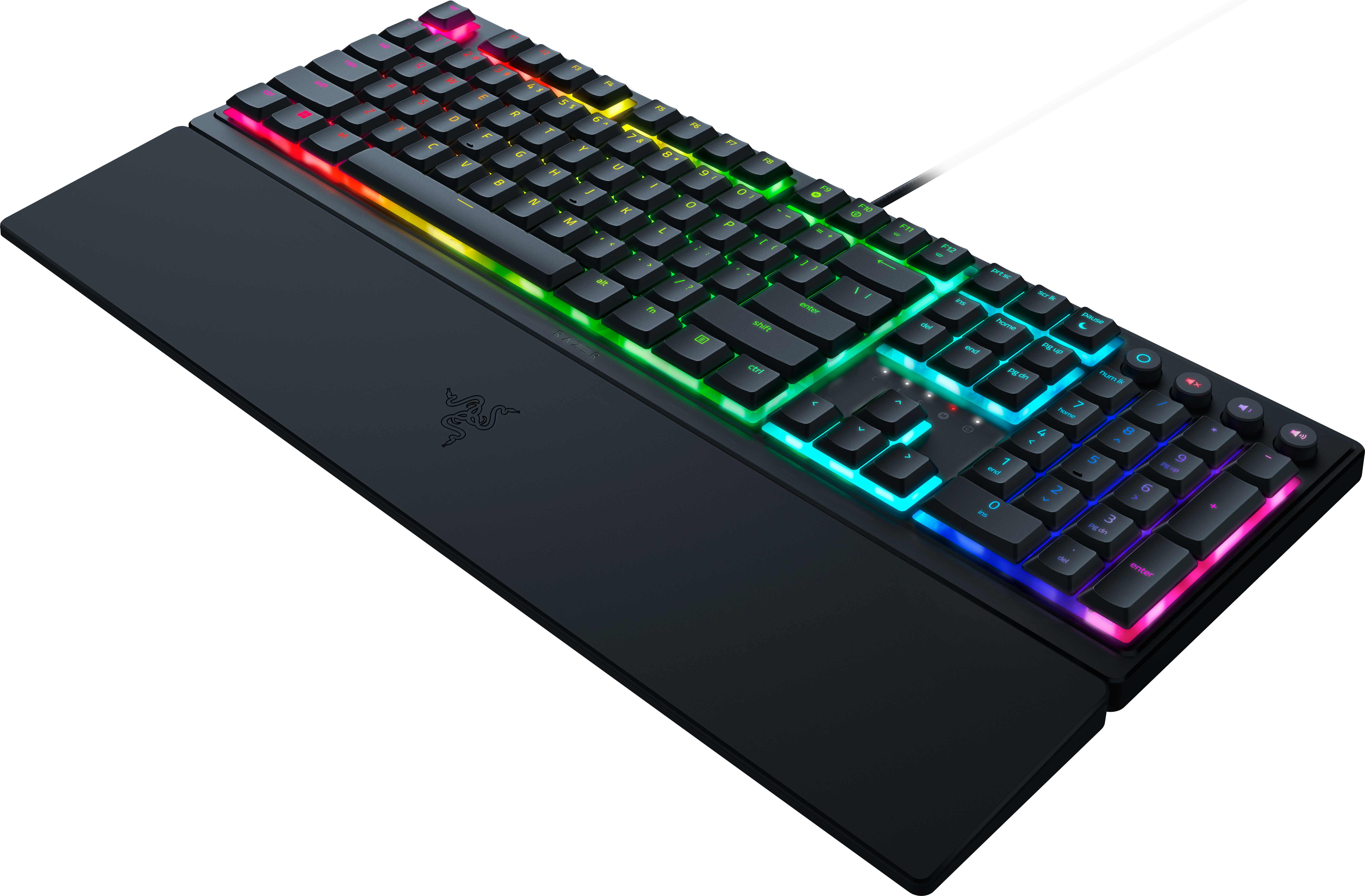 Tastiera da gioco nera con illuminazione RGB. Ha un poggiapolsi e una connessione cablata.