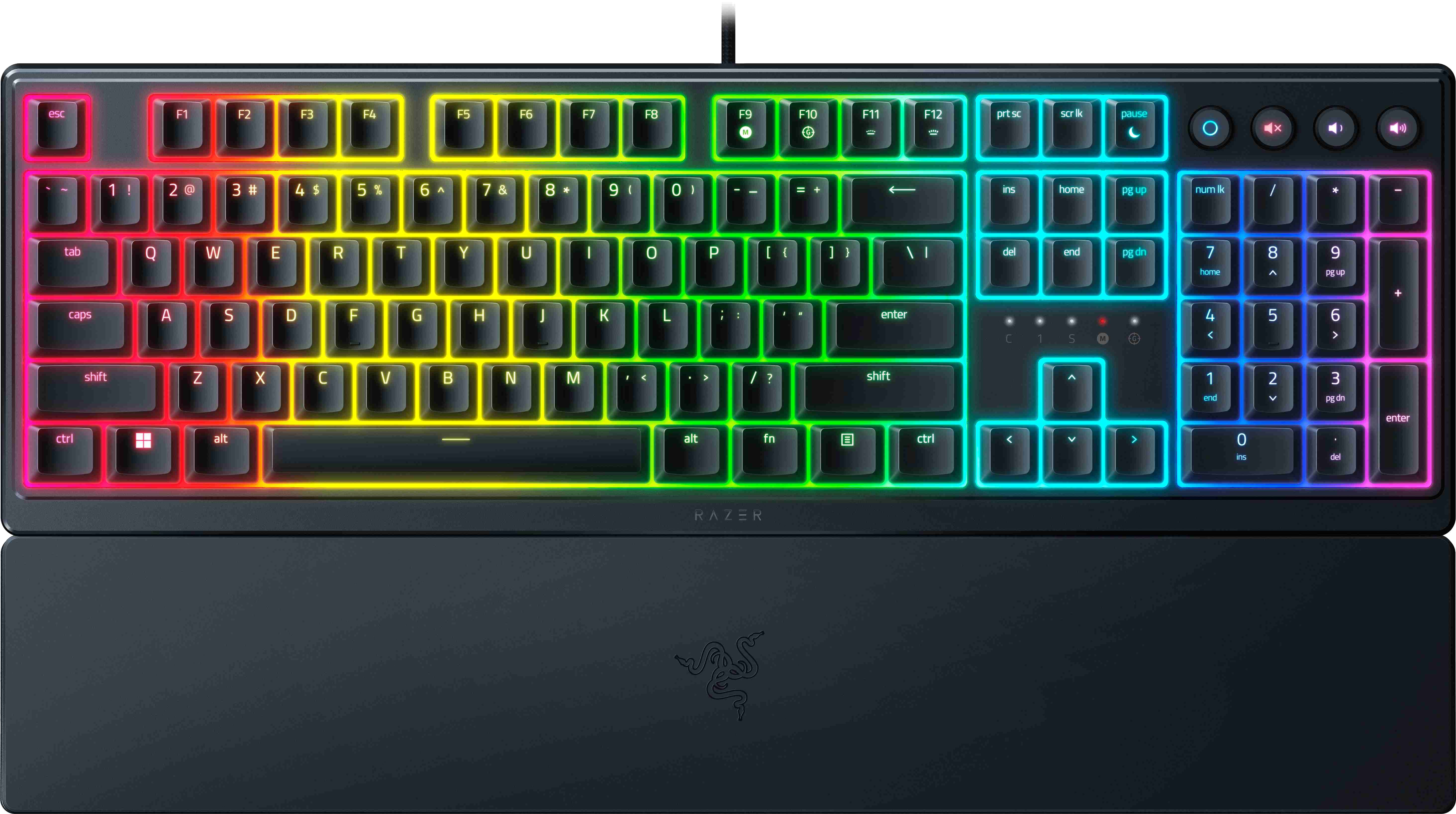 Una tastiera Razer con tasti arcobaleno e poggiapolsi.