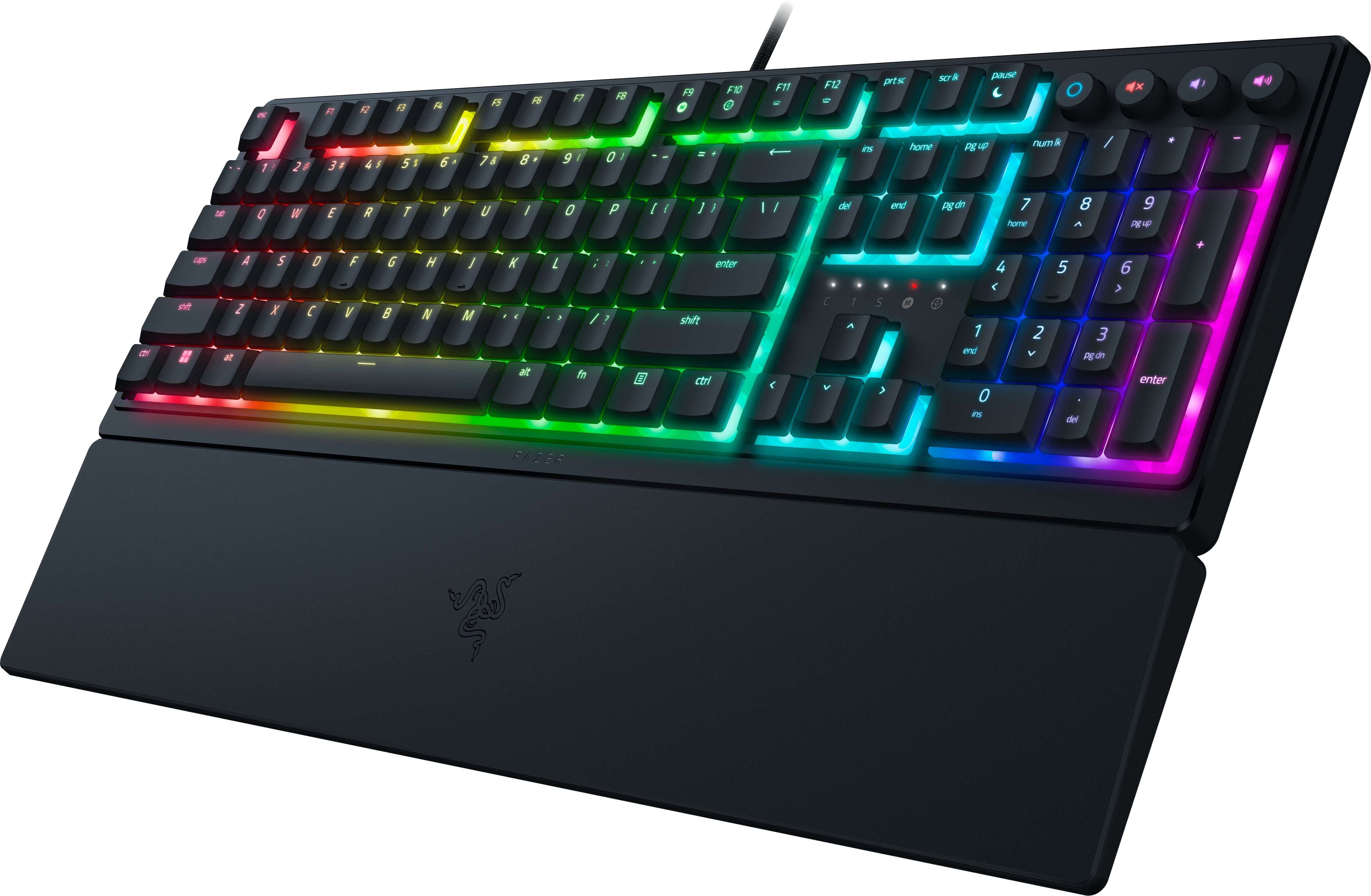 Tastiera Razer nera con tasti arcobaleno e poggiapolsi, vista angolata.