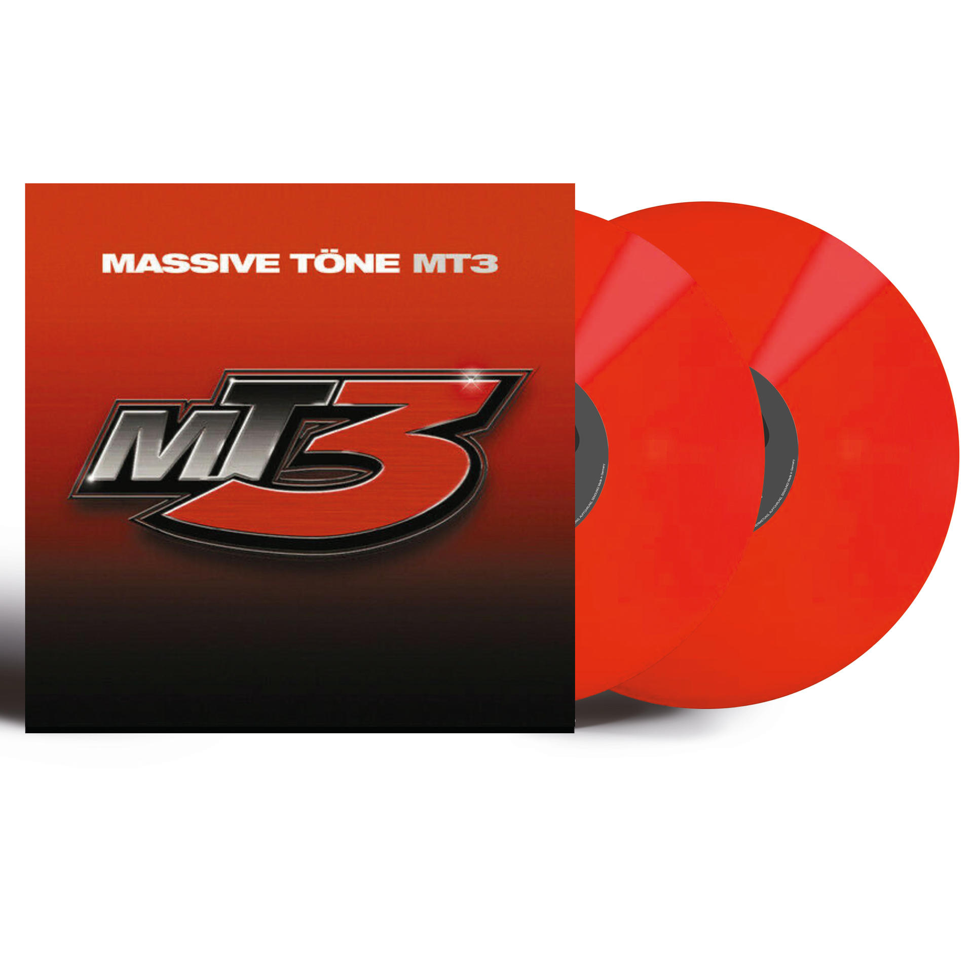 Zwei rote Schallplatten und Albumcover mit dem Text MASSIVE TÖNE MT3 auf rotem und schwarzem Hintergrund.