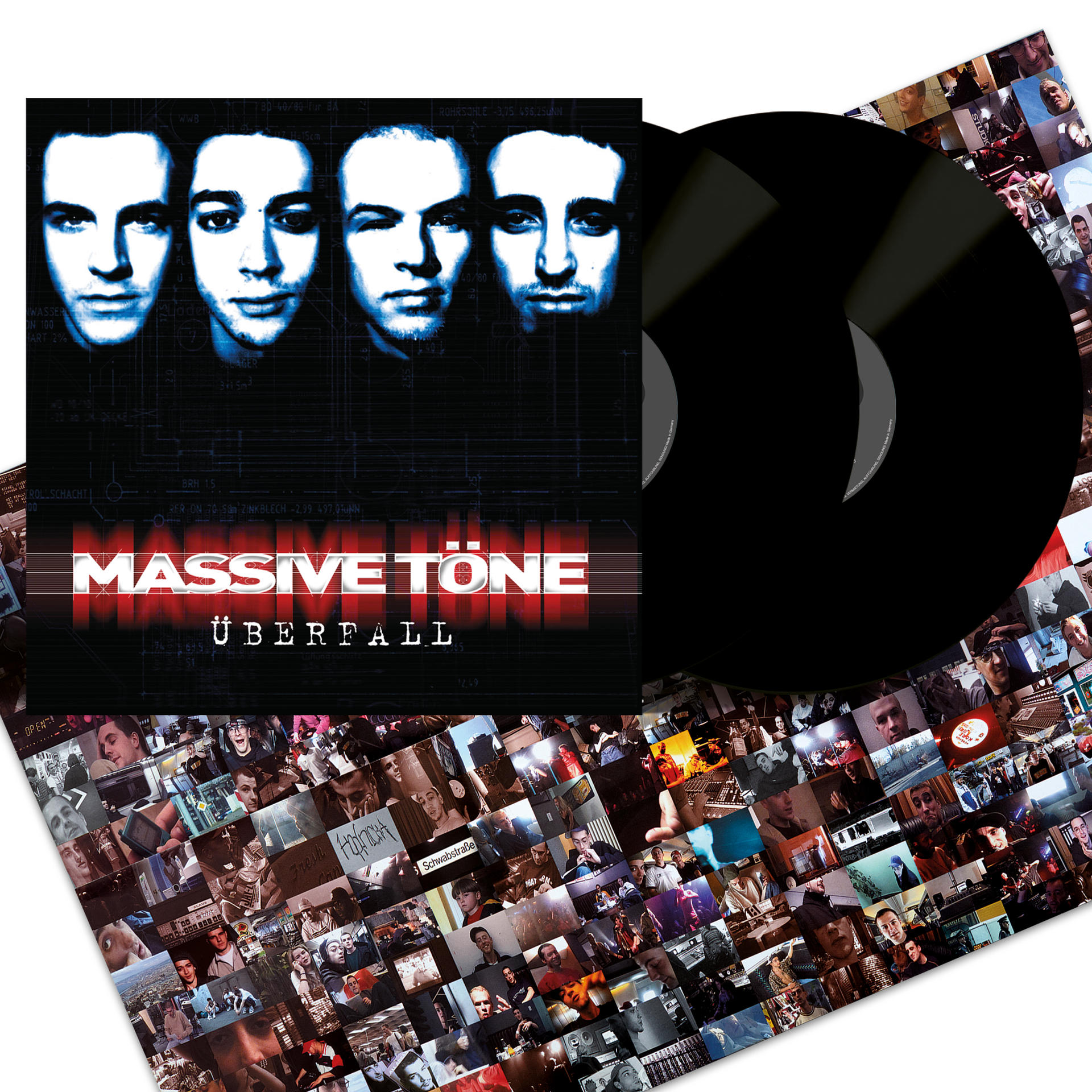 Albumcover von Massive Töne mit vier Gesichtern und zwei schwarzen Schallplatten.